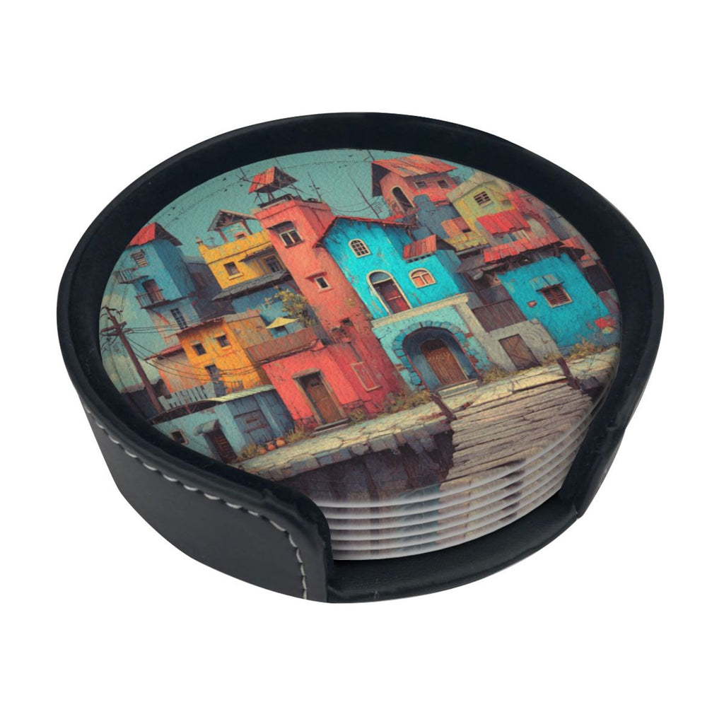 Artistic Town Round Leather Coaster Set of 6 with Storage Base - Creative Heat - Insulation and Anti - Slip Coasters (Diameter 3.9in/10cm)