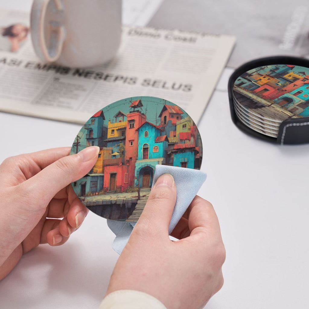 Artistic Town Round Leather Coaster Set of 6 with Storage Base - Creative Heat - Insulation and Anti - Slip Coasters (Diameter 3.9in/10cm)