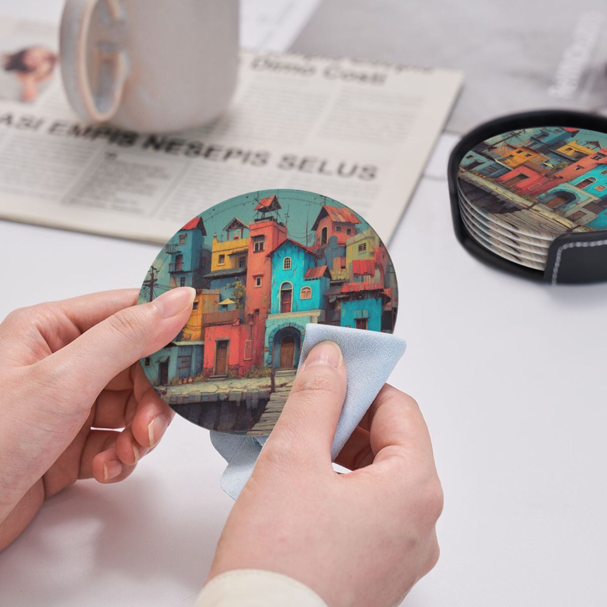 Artistic Town Round Leather Coaster Set of 6 with Storage Base - Creative Heat - Insulation and Anti - Slip Coasters (Diameter 3.9in/10cm)
