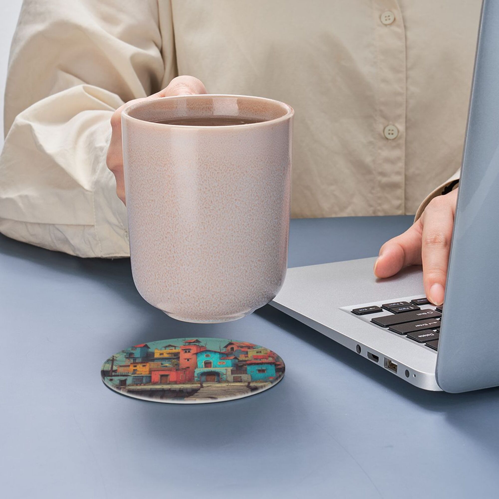 Artistic Town Round Leather Coaster Set of 6 with Storage Base - Creative Heat - Insulation and Anti - Slip Coasters (Diameter 3.9in/10cm)