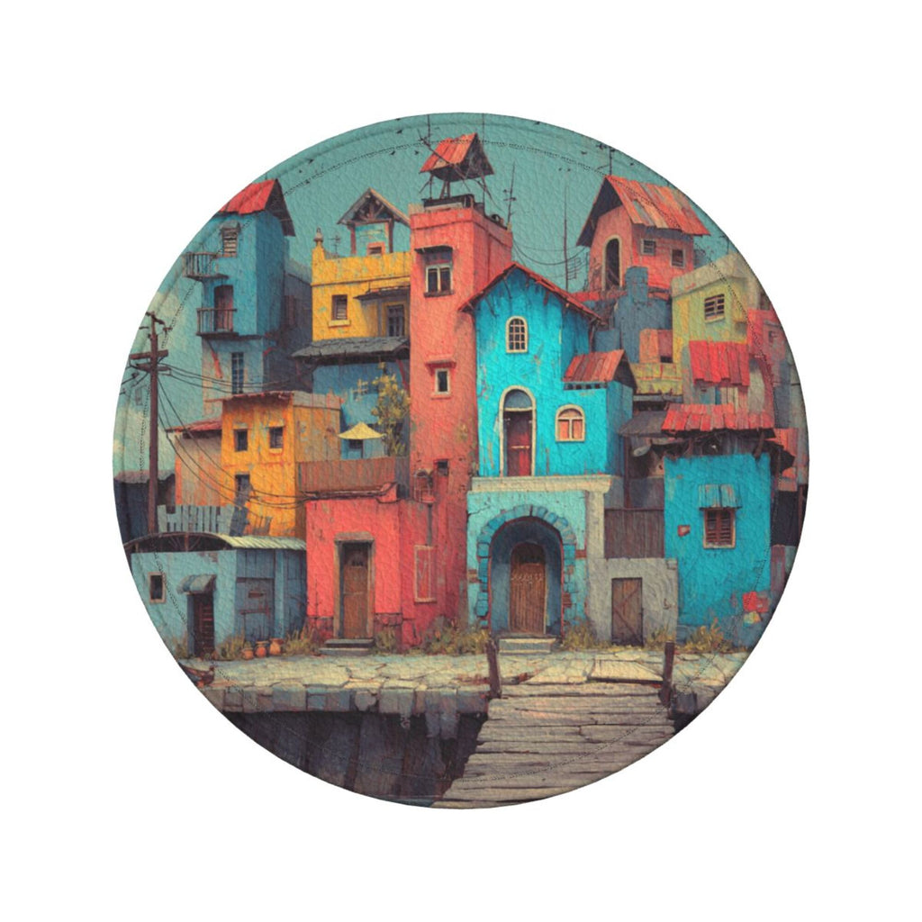 Artistic Town Round Leather Coaster Set of 6 with Storage Base - Creative Heat - Insulation and Anti - Slip Coasters (Diameter 3.9in/10cm)