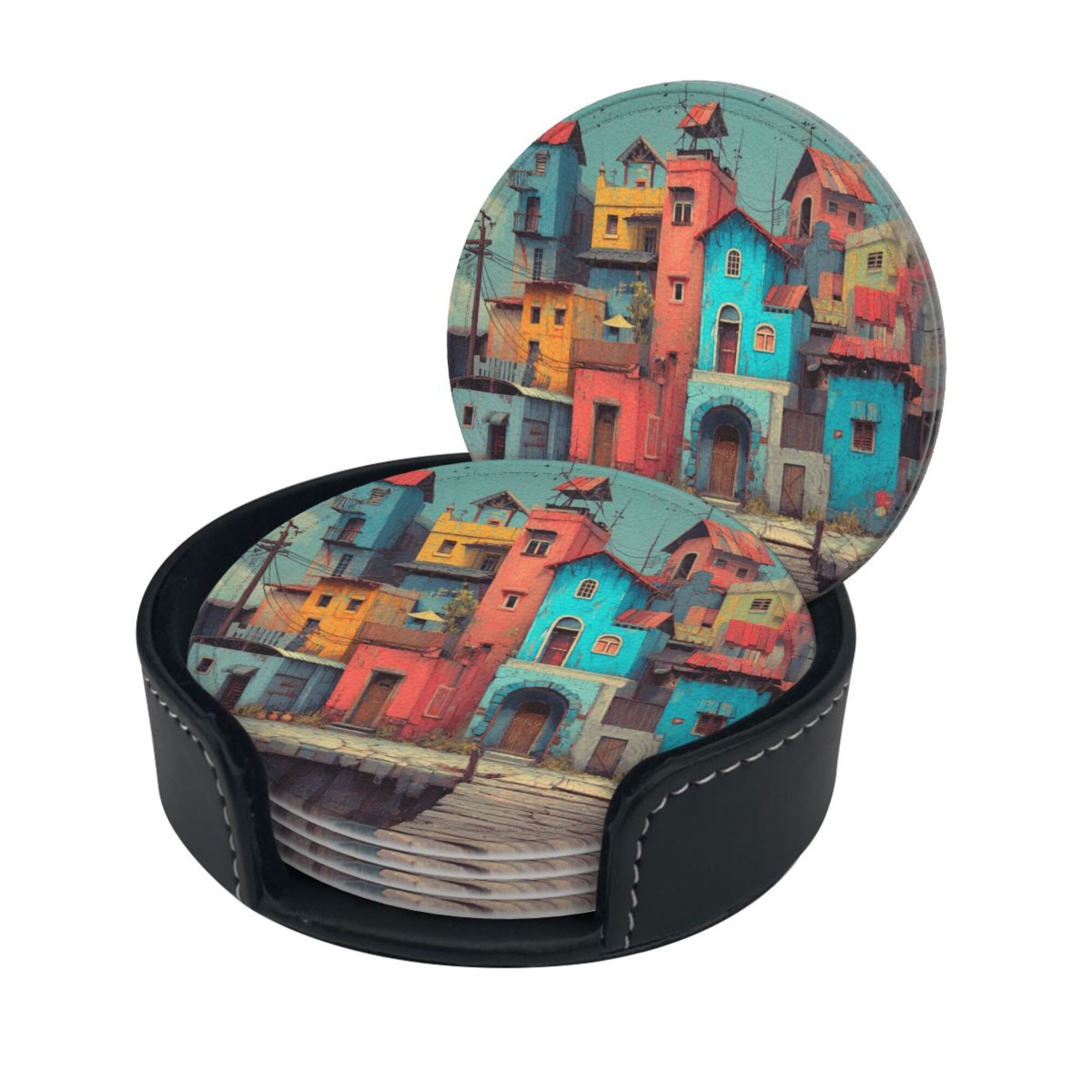 Artistic Town Round Leather Coaster Set of 6 with Storage Base - Creative Heat - Insulation and Anti - Slip Coasters (Diameter 3.9in/10cm)