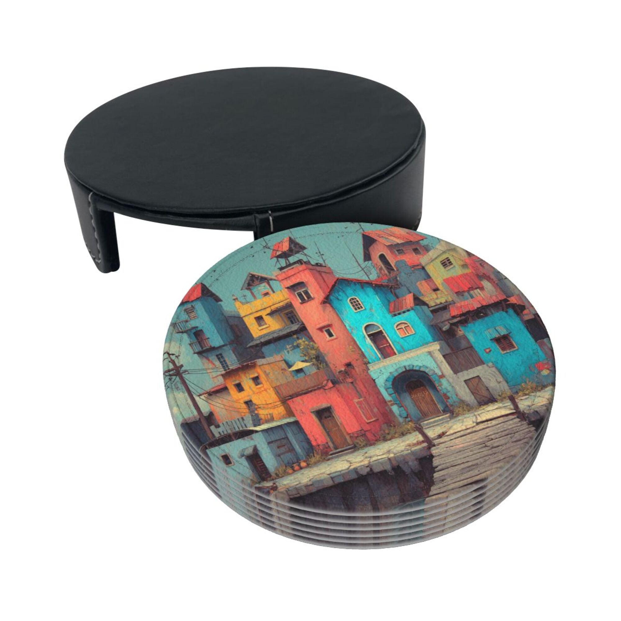 Artistic Town Round Leather Coaster Set of 6 with Storage Base - Creative Heat - Insulation and Anti - Slip Coasters (Diameter 3.9in/10cm)