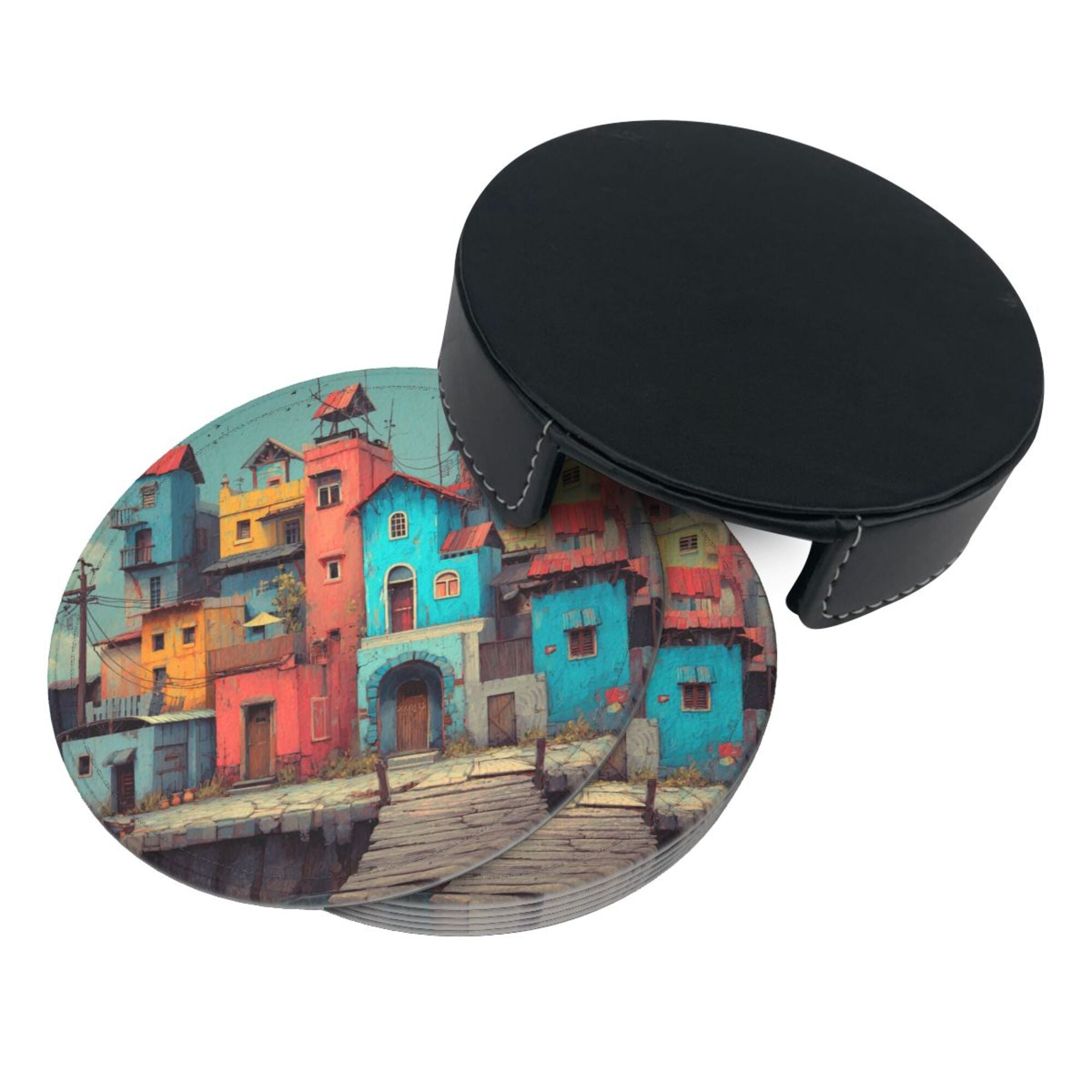 Artistic Town Round Leather Coaster Set of 6 with Storage Base - Creative Heat - Insulation and Anti - Slip Coasters (Diameter 3.9in/10cm)