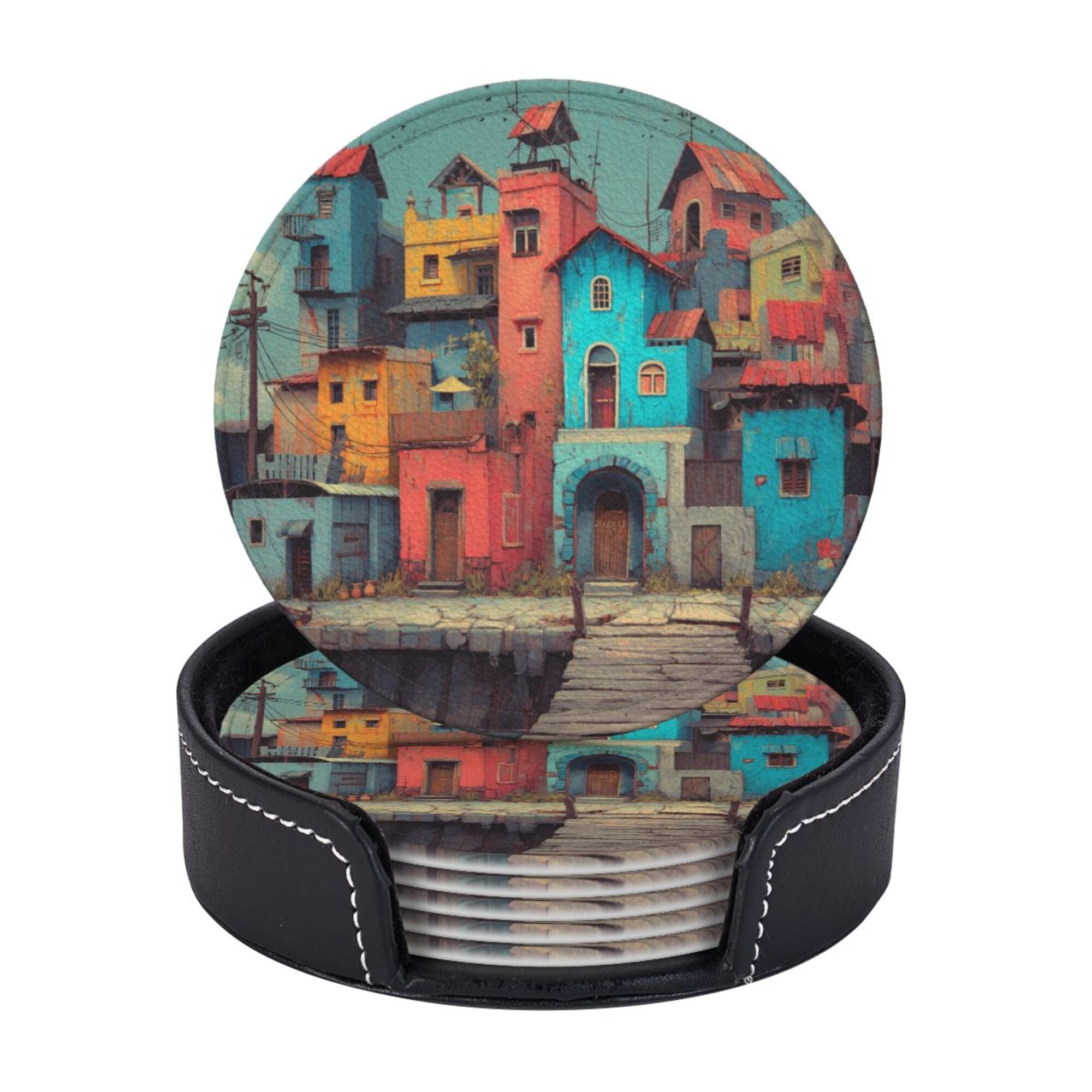 Artistic Town Round Leather Coaster Set of 6 with Storage Base - Creative Heat - Insulation and Anti - Slip Coasters (Diameter 3.9in/10cm)