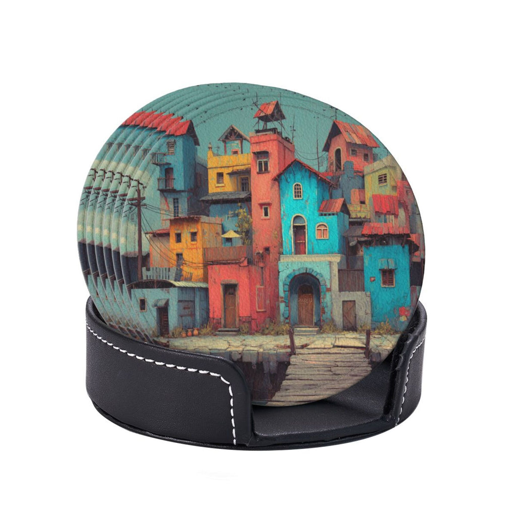 Artistic Town Round Leather Coaster Set of 6 with Storage Base - Creative Heat - Insulation and Anti - Slip Coasters (Diameter 3.9in/10cm)