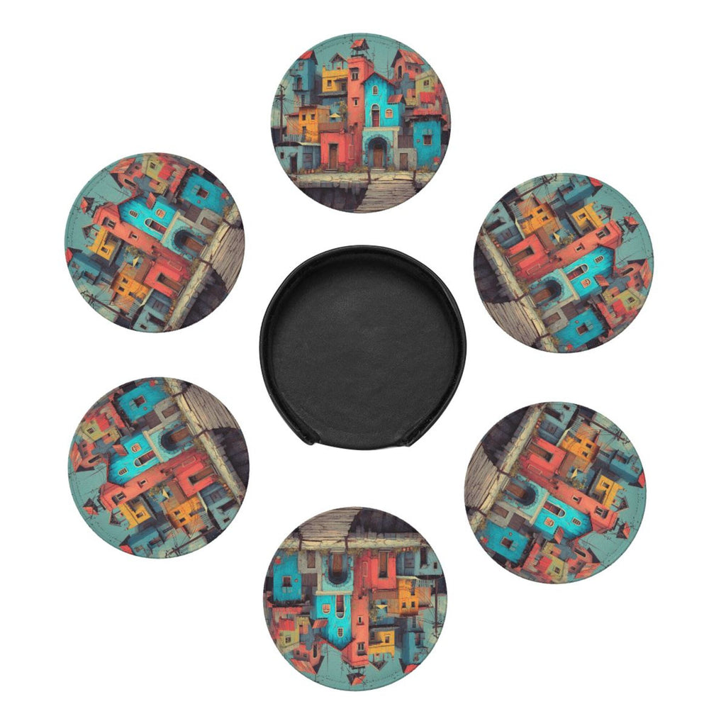 Artistic Town Round Leather Coaster Set of 6 with Storage Base - Creative Heat - Insulation and Anti - Slip Coasters (Diameter 3.9in/10cm)
