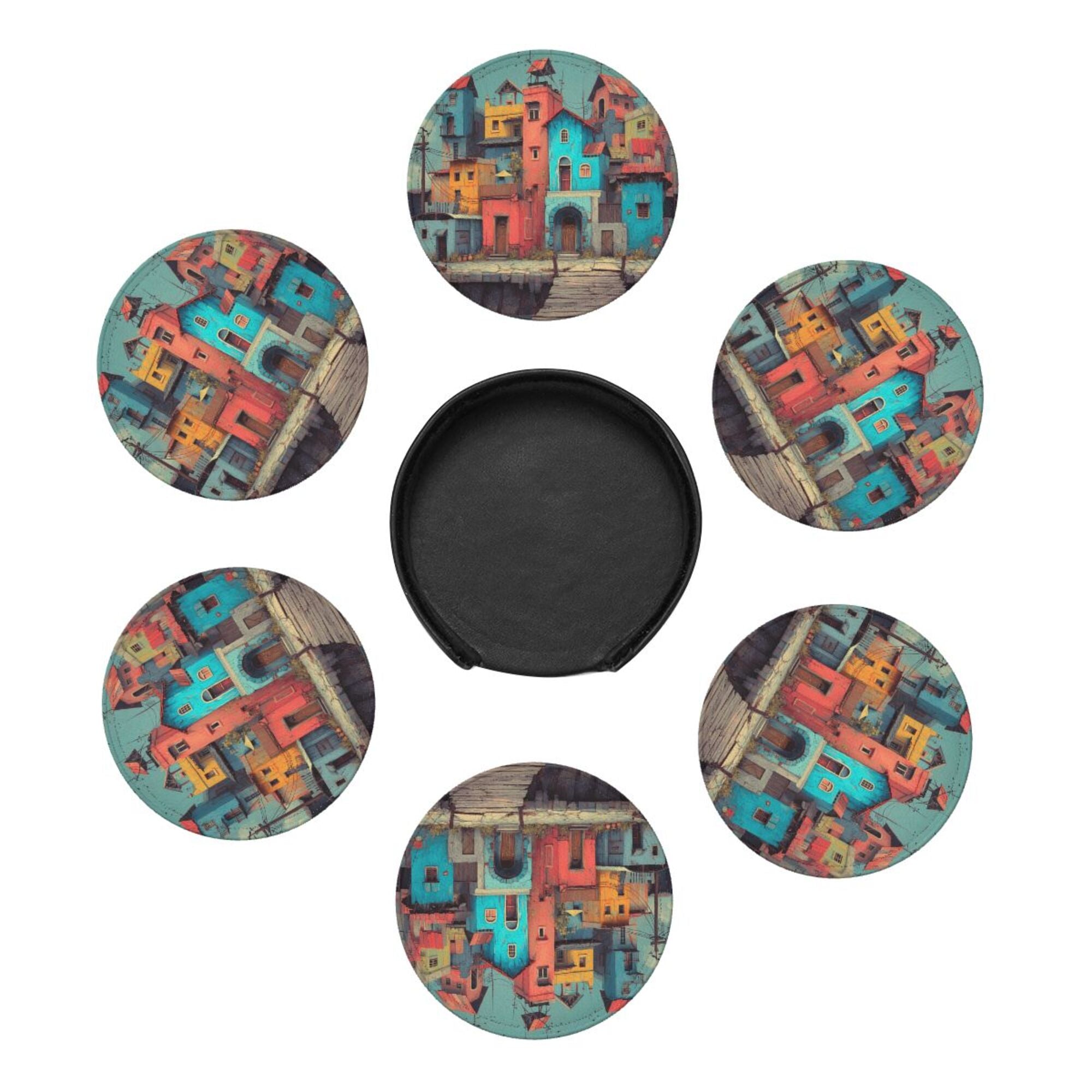 Artistic Town Round Leather Coaster Set of 6 with Storage Base - Creative Heat - Insulation and Anti - Slip Coasters (Diameter 3.9in/10cm)