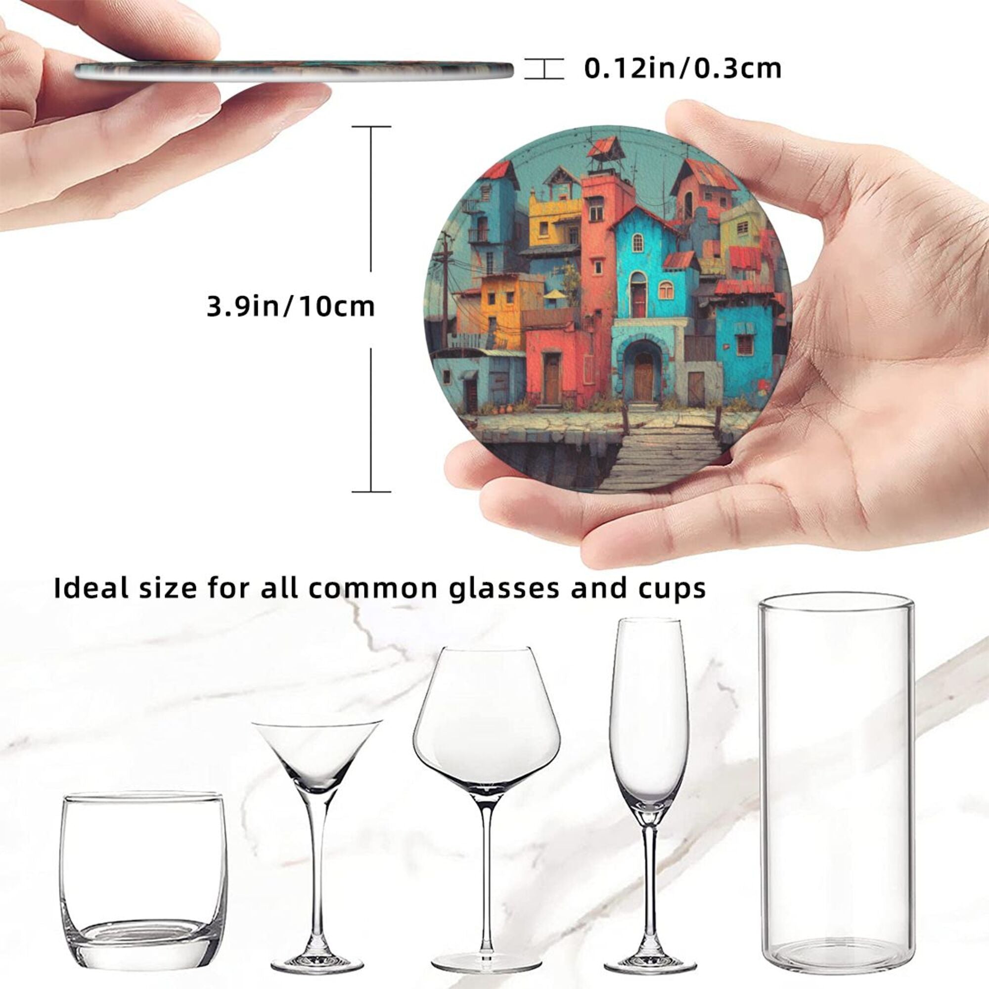 Artistic Town Round Leather Coaster Set of 6 with Storage Base - Creative Heat - Insulation and Anti - Slip Coasters (Diameter 3.9in/10cm)