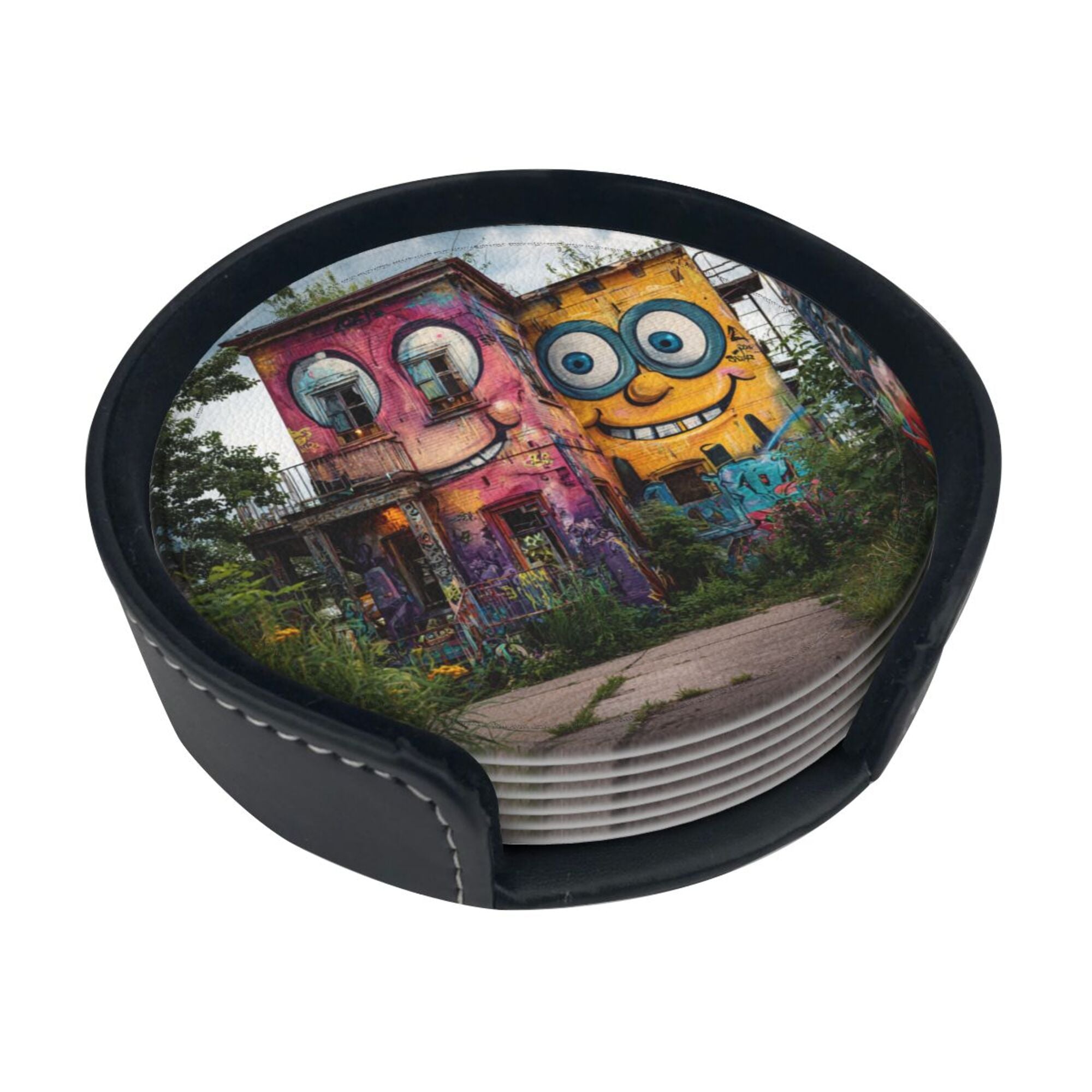 Creative Cartoon Building Round Leather Coaster Set of 6 with Storage Base - Heat - Insulation and Anti - Slip Desktop Protector (Diameter 3.9in/10cm)