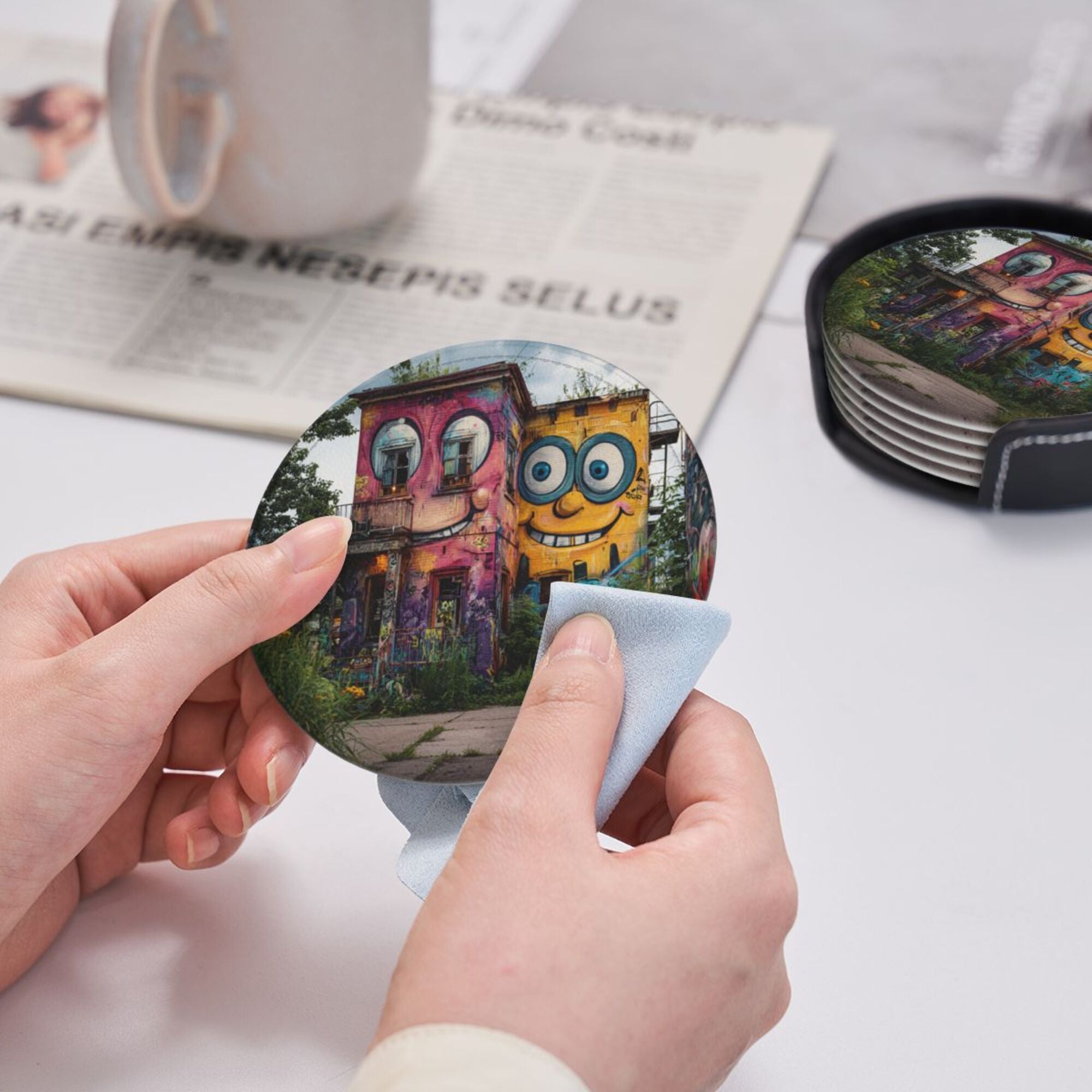 Creative Cartoon Building Round Leather Coaster Set of 6 with Storage Base - Heat - Insulation and Anti - Slip Desktop Protector (Diameter 3.9in/10cm)