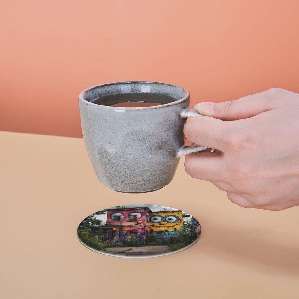 Creative Cartoon Building Round Leather Coaster Set of 6 with Storage Base - Heat - Insulation and Anti - Slip Desktop Protector (Diameter 3.9in/10cm)