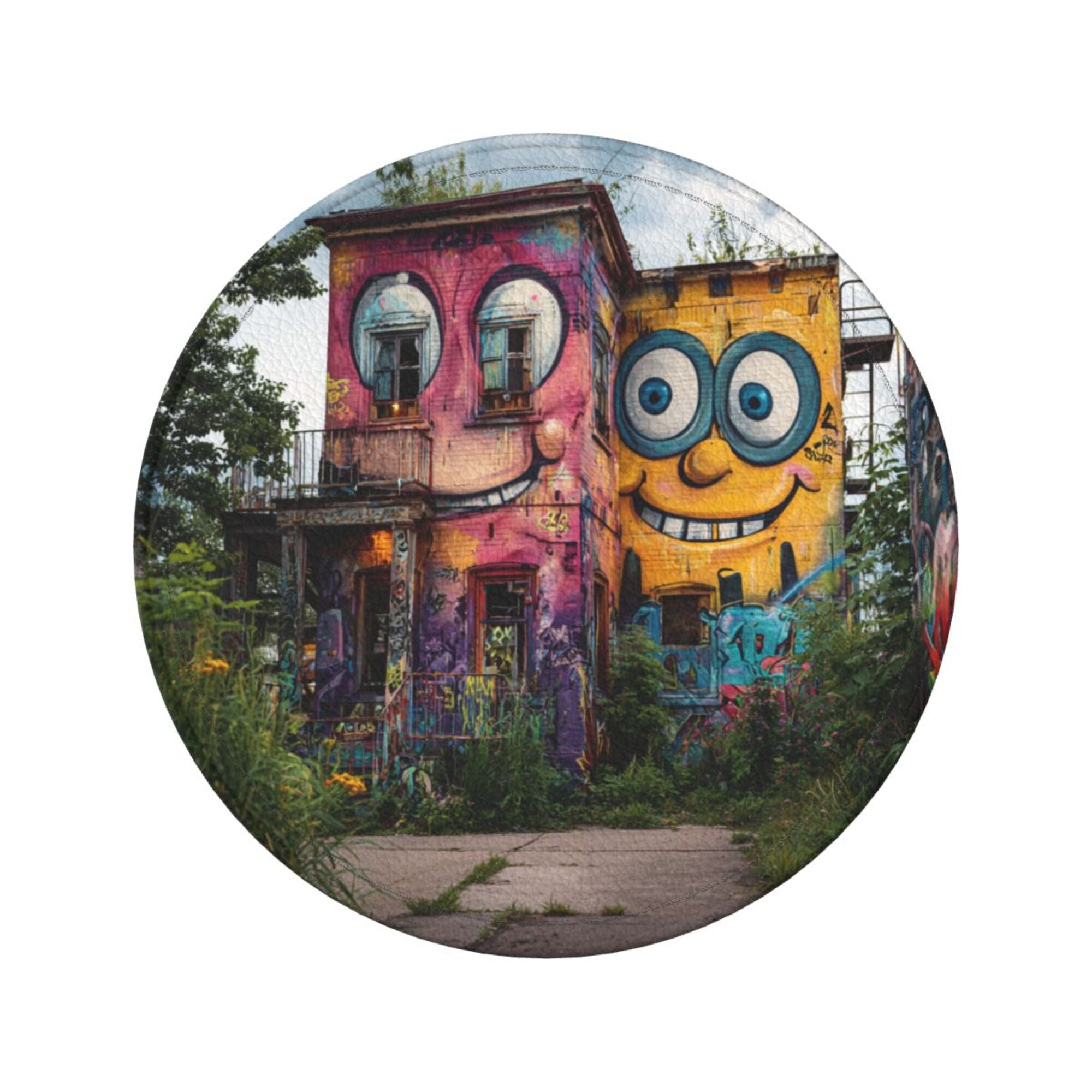 Creative Cartoon Building Round Leather Coaster Set of 6 with Storage Base - Heat - Insulation and Anti - Slip Desktop Protector (Diameter 3.9in/10cm)