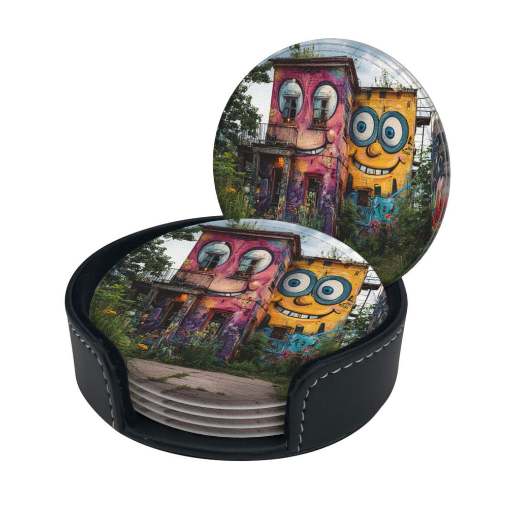 Creative Cartoon Building Round Leather Coaster Set of 6 with Storage Base - Heat - Insulation and Anti - Slip Desktop Protector (Diameter 3.9in/10cm)