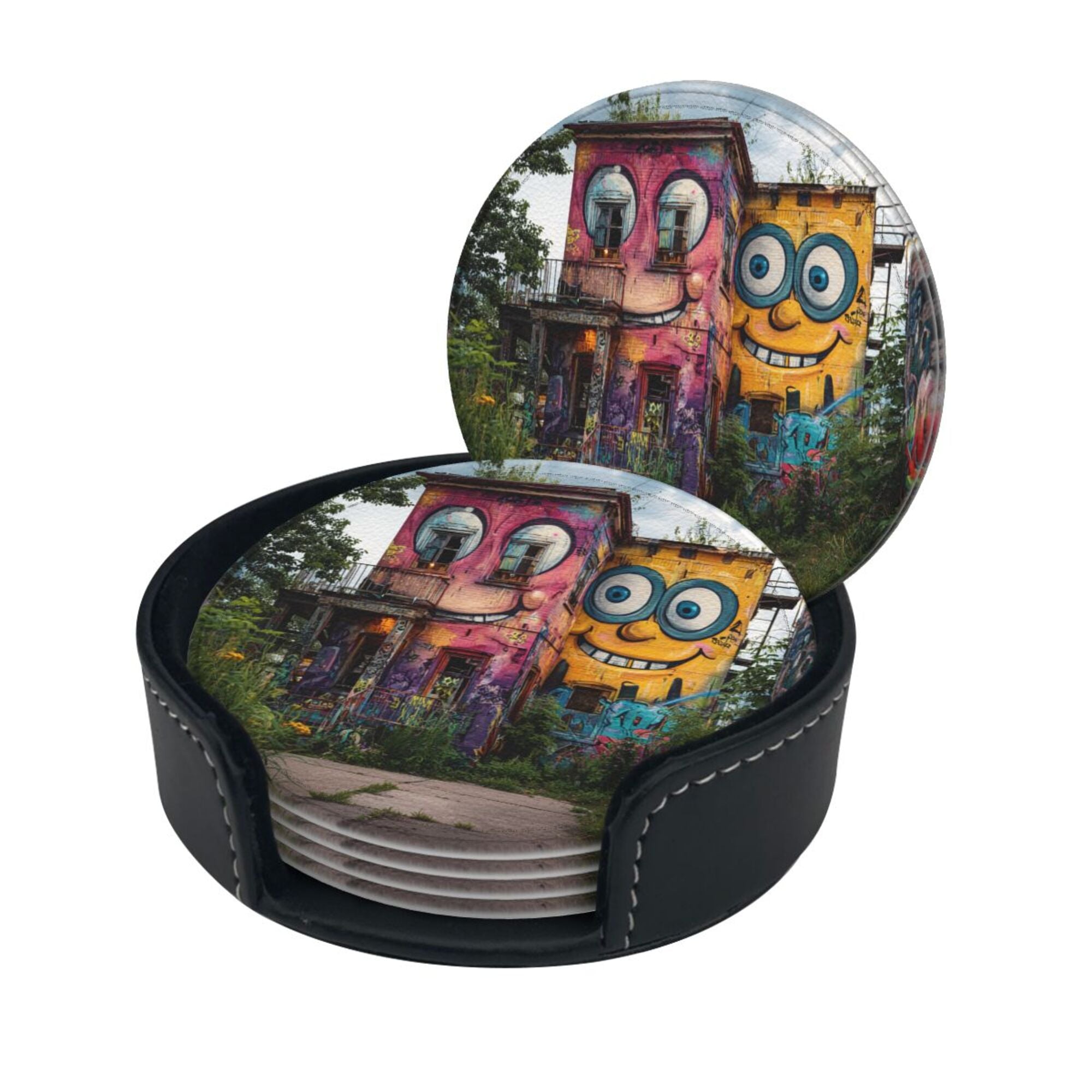Creative Cartoon Building Round Leather Coaster Set of 6 with Storage Base - Heat - Insulation and Anti - Slip Desktop Protector (Diameter 3.9in/10cm)
