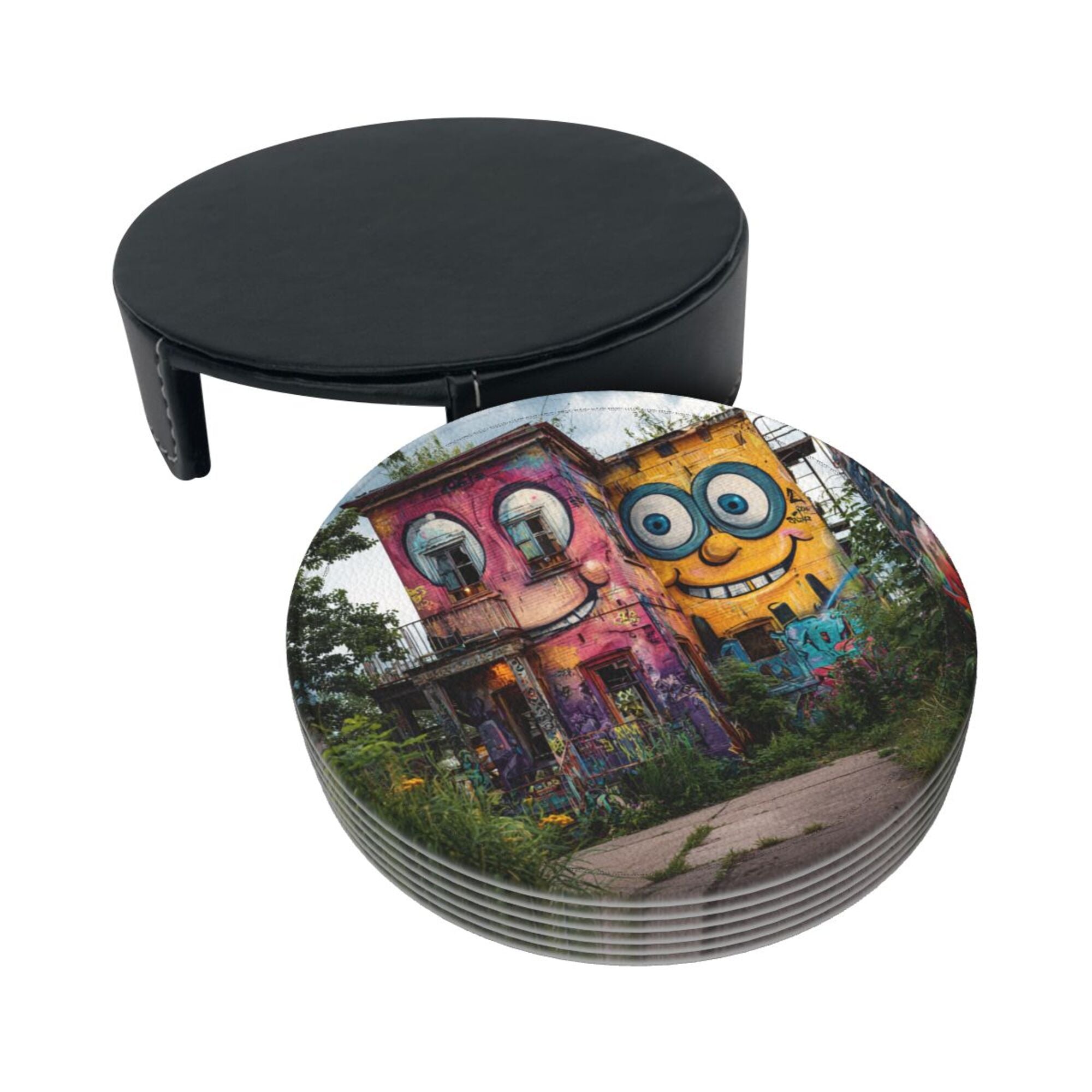 Creative Cartoon Building Round Leather Coaster Set of 6 with Storage Base - Heat - Insulation and Anti - Slip Desktop Protector (Diameter 3.9in/10cm)