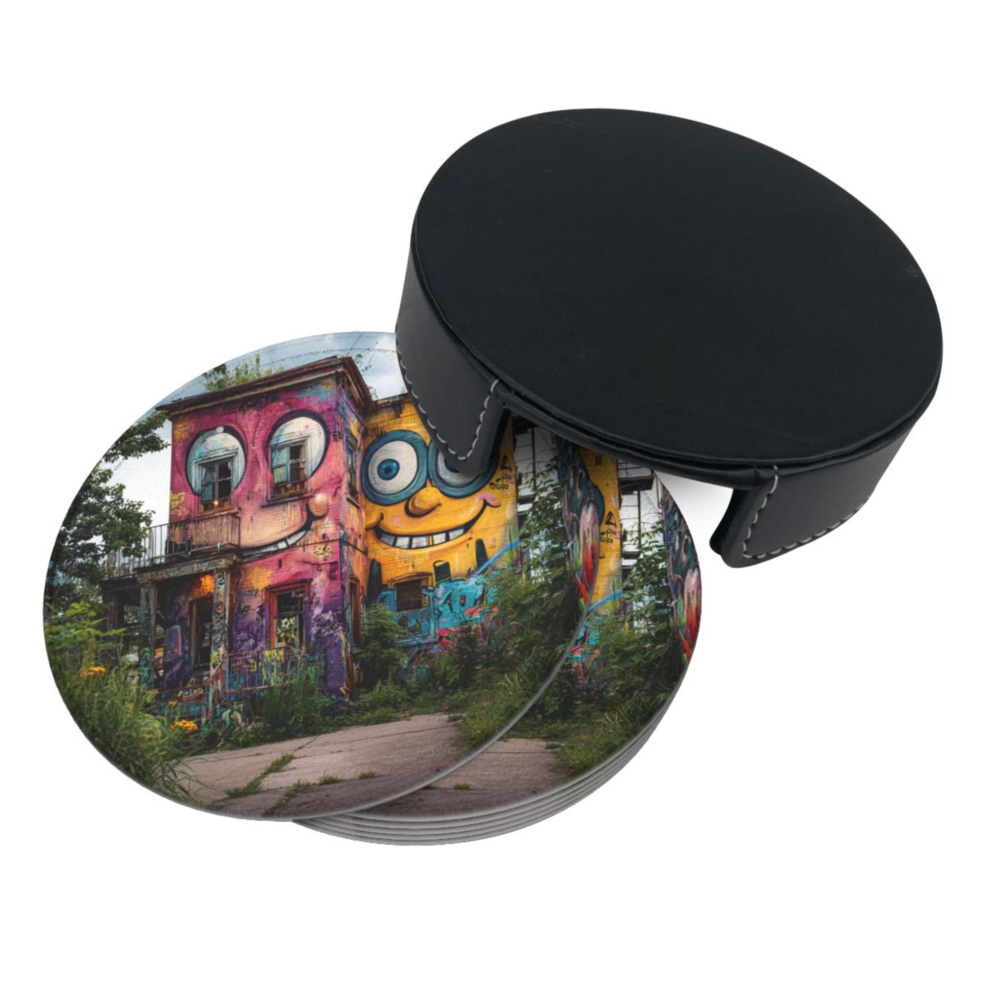 Creative Cartoon Building Round Leather Coaster Set of 6 with Storage Base - Heat - Insulation and Anti - Slip Desktop Protector (Diameter 3.9in/10cm)