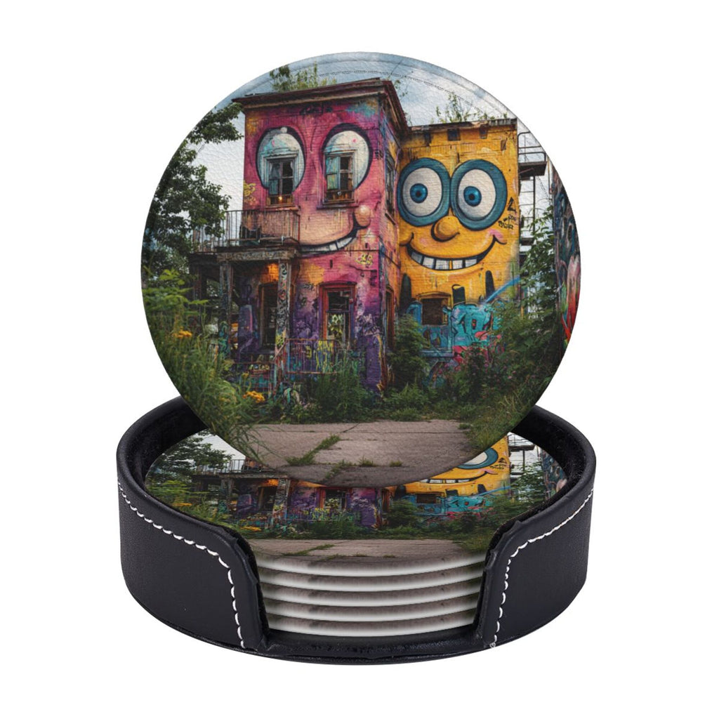 Creative Cartoon Building Round Leather Coaster Set of 6 with Storage Base - Heat - Insulation and Anti - Slip Desktop Protector (Diameter 3.9in/10cm)