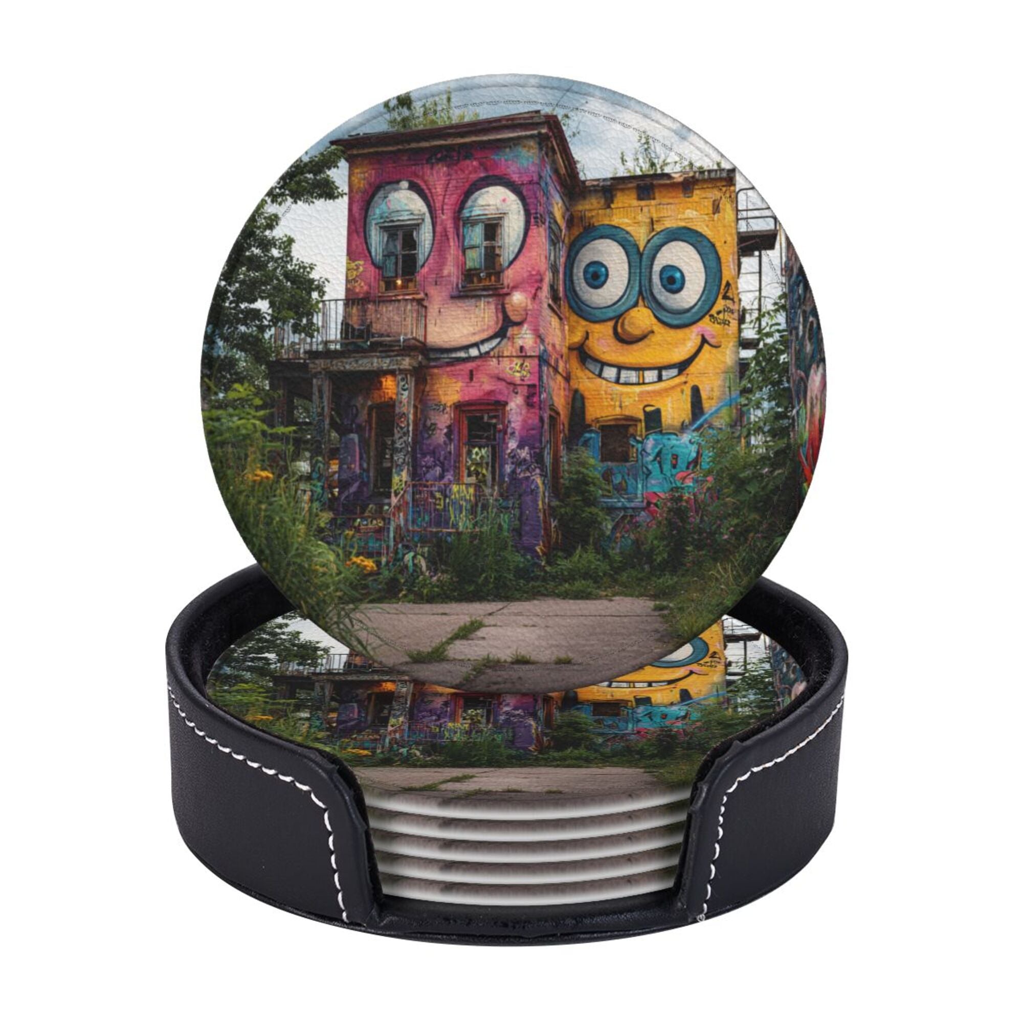 Creative Cartoon Building Round Leather Coaster Set of 6 with Storage Base - Heat - Insulation and Anti - Slip Desktop Protector (Diameter 3.9in/10cm)