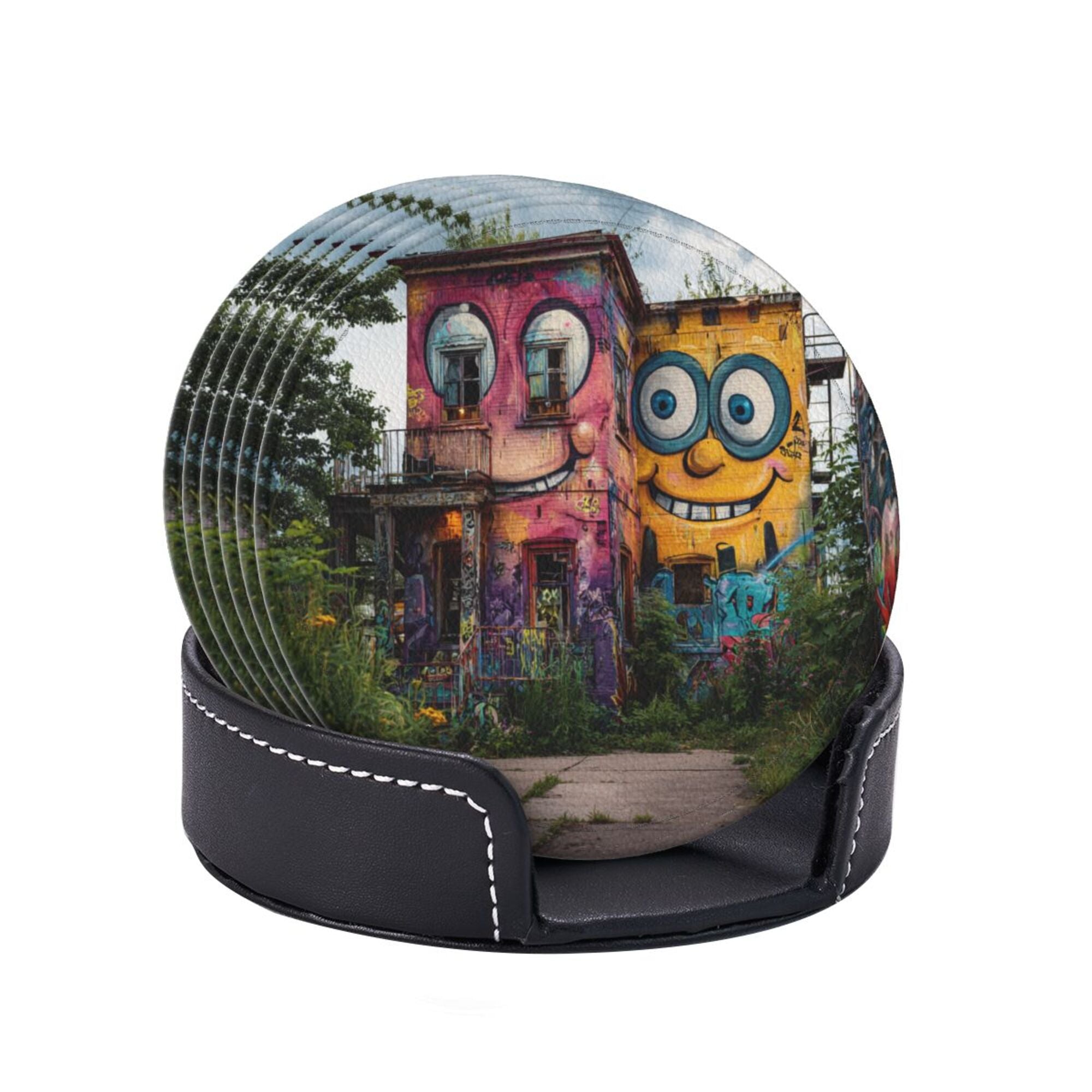 Creative Cartoon Building Round Leather Coaster Set of 6 with Storage Base - Heat - Insulation and Anti - Slip Desktop Protector (Diameter 3.9in/10cm)