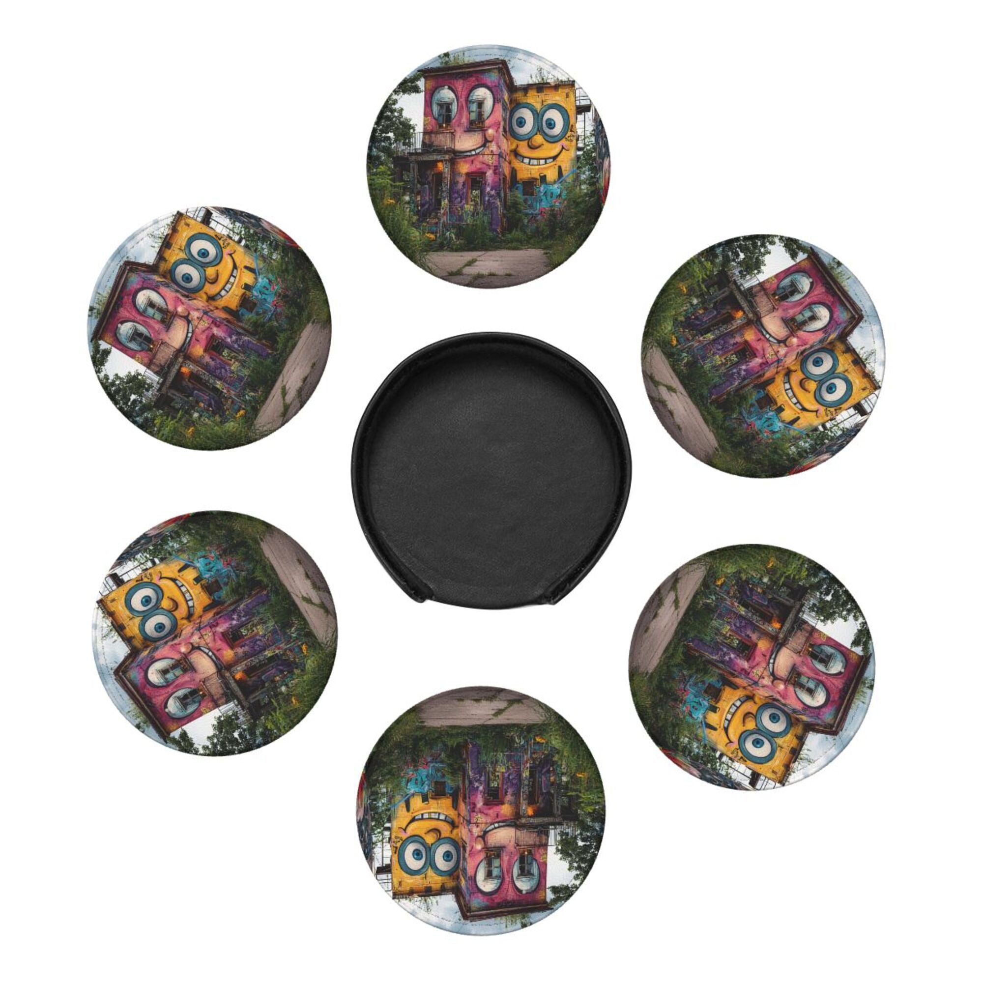 Creative Cartoon Building Round Leather Coaster Set of 6 with Storage Base - Heat - Insulation and Anti - Slip Desktop Protector (Diameter 3.9in/10cm)
