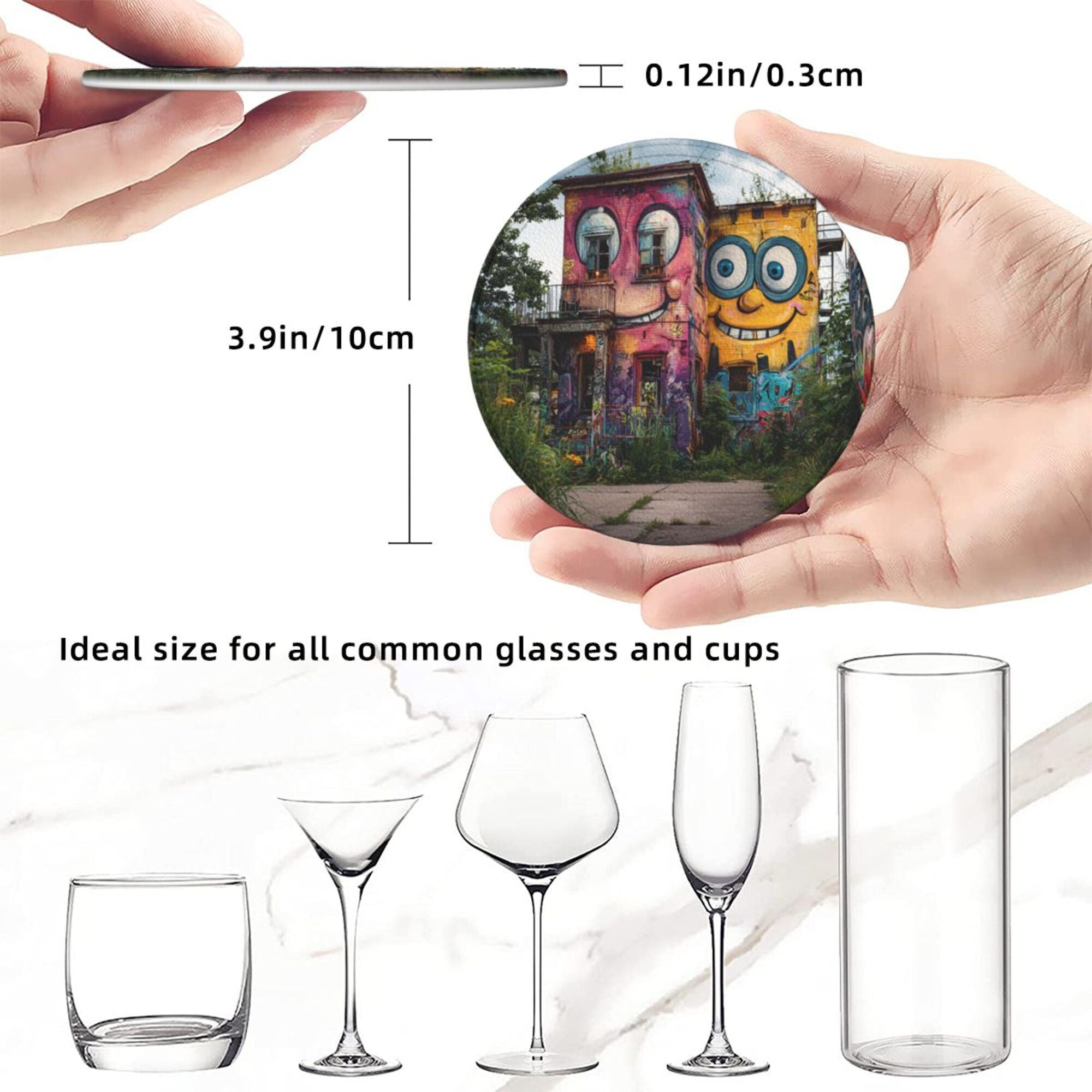 Creative Cartoon Building Round Leather Coaster Set of 6 with Storage Base - Heat - Insulation and Anti - Slip Desktop Protector (Diameter 3.9in/10cm)