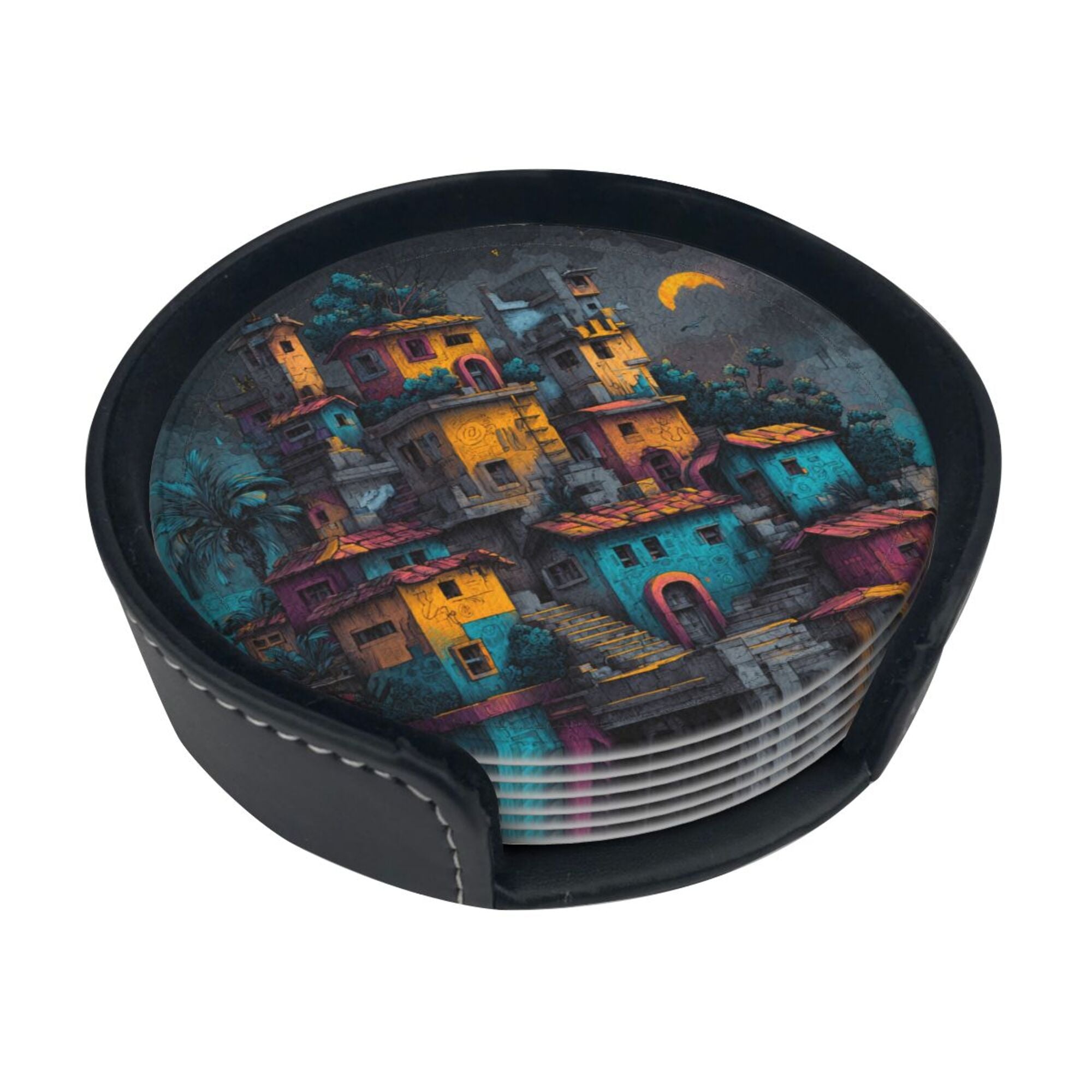 Round Leather Coaster Set of 6 with Artistic Town Pattern and Storage Base - Heat - Insulation and Anti - Slip Coasters (Diameter 3.9in/10cm)