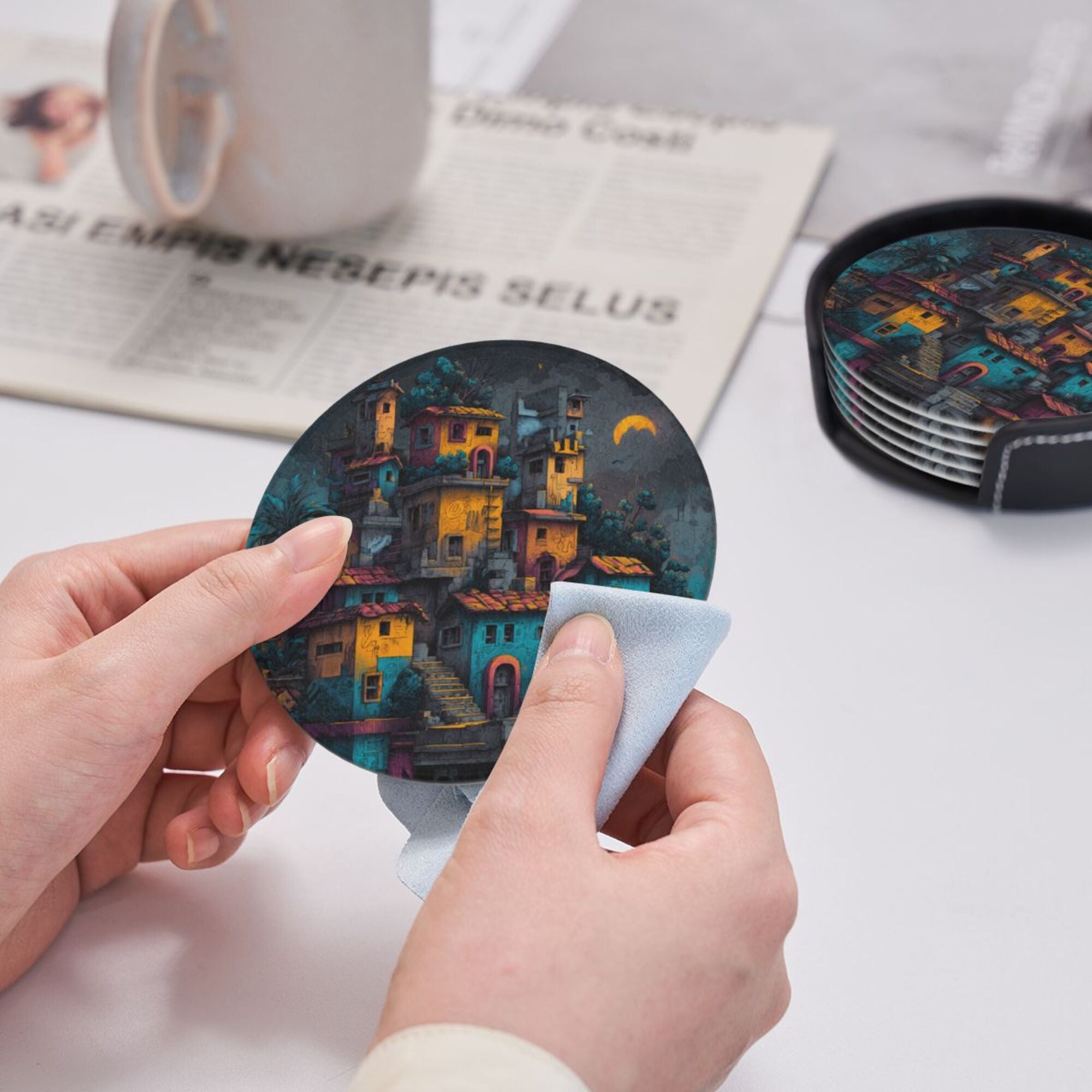 Round Leather Coaster Set of 6 with Artistic Town Pattern and Storage Base - Heat - Insulation and Anti - Slip Coasters (Diameter 3.9in/10cm)