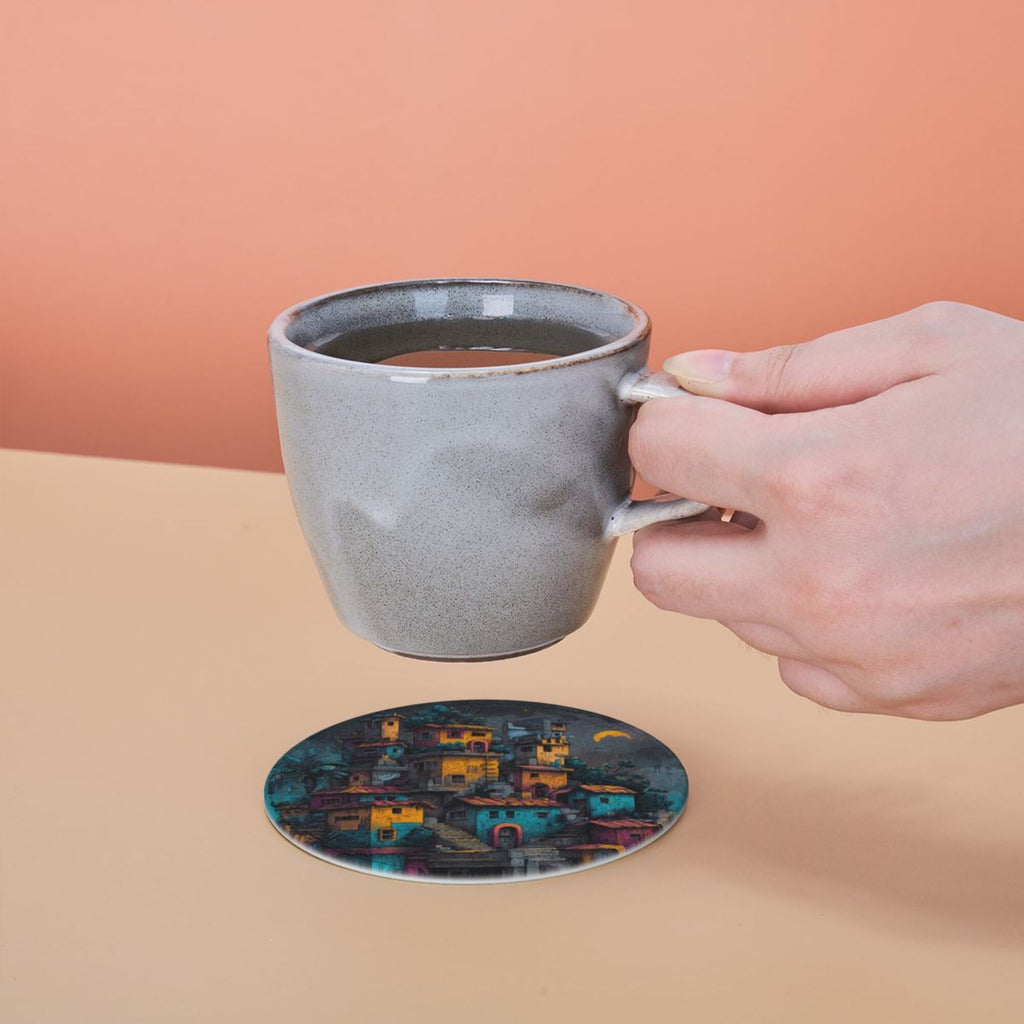 Round Leather Coaster Set of 6 with Artistic Town Pattern and Storage Base - Heat - Insulation and Anti - Slip Coasters (Diameter 3.9in/10cm)