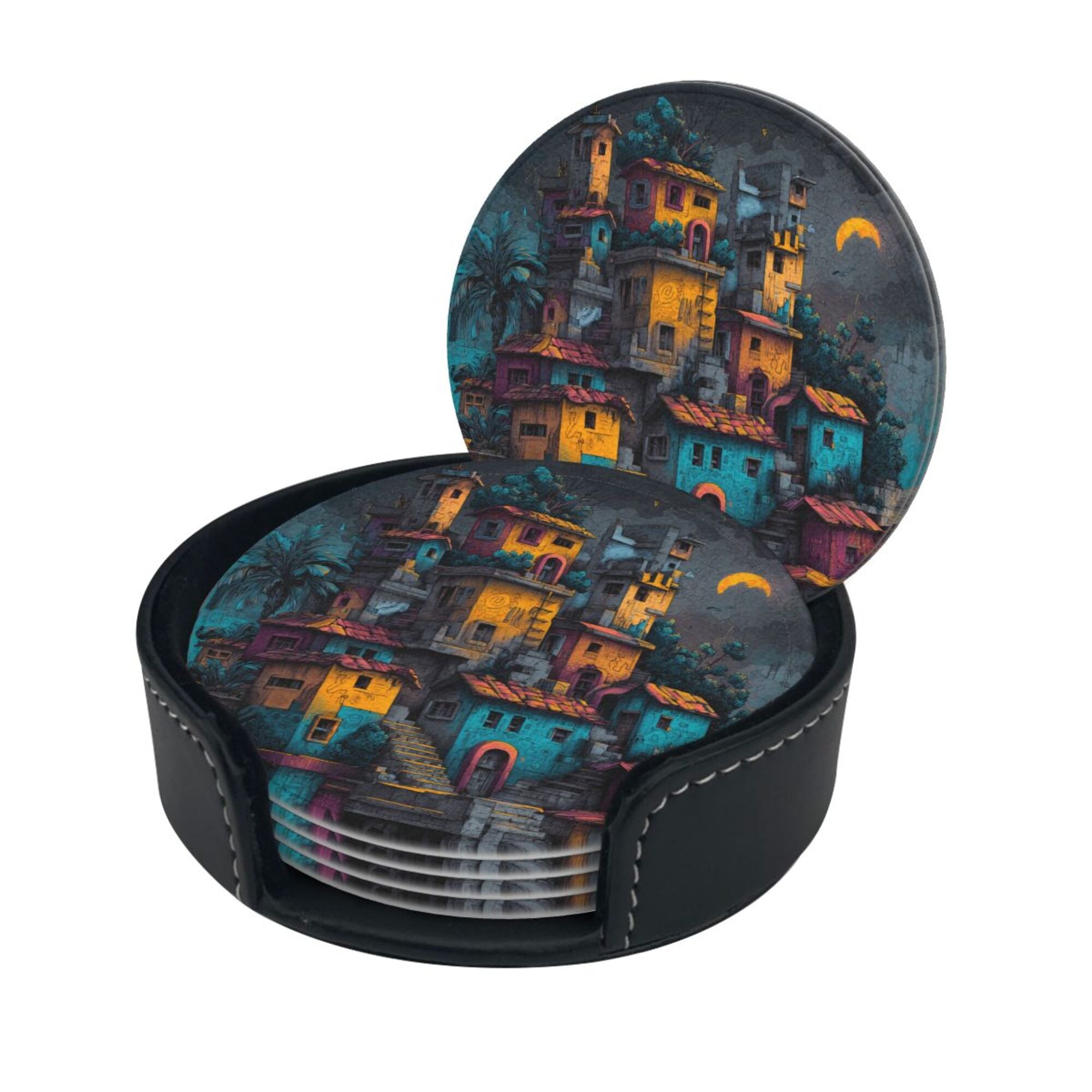 Round Leather Coaster Set of 6 with Artistic Town Pattern and Storage Base - Heat - Insulation and Anti - Slip Coasters (Diameter 3.9in/10cm)