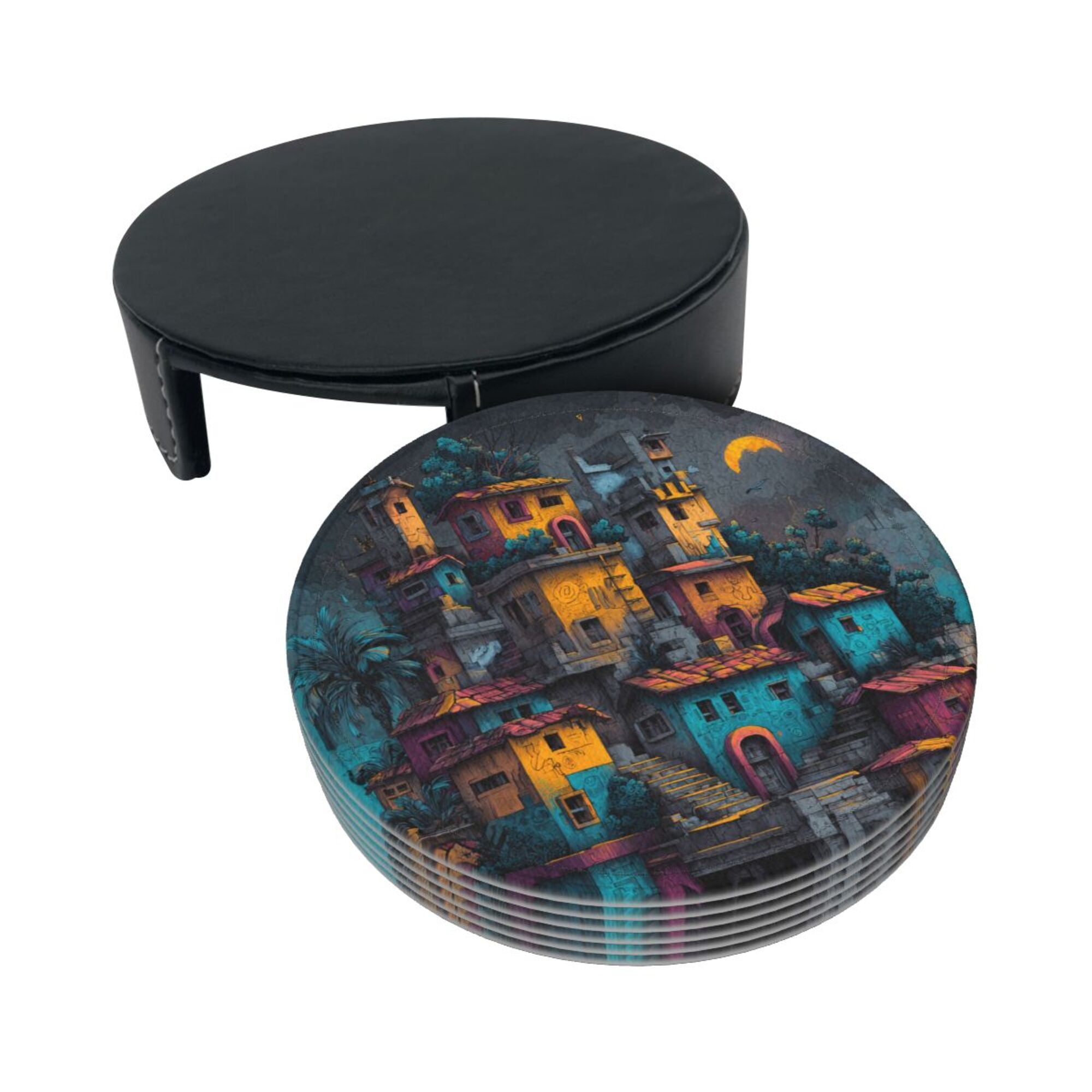 Round Leather Coaster Set of 6 with Artistic Town Pattern and Storage Base - Heat - Insulation and Anti - Slip Coasters (Diameter 3.9in/10cm)