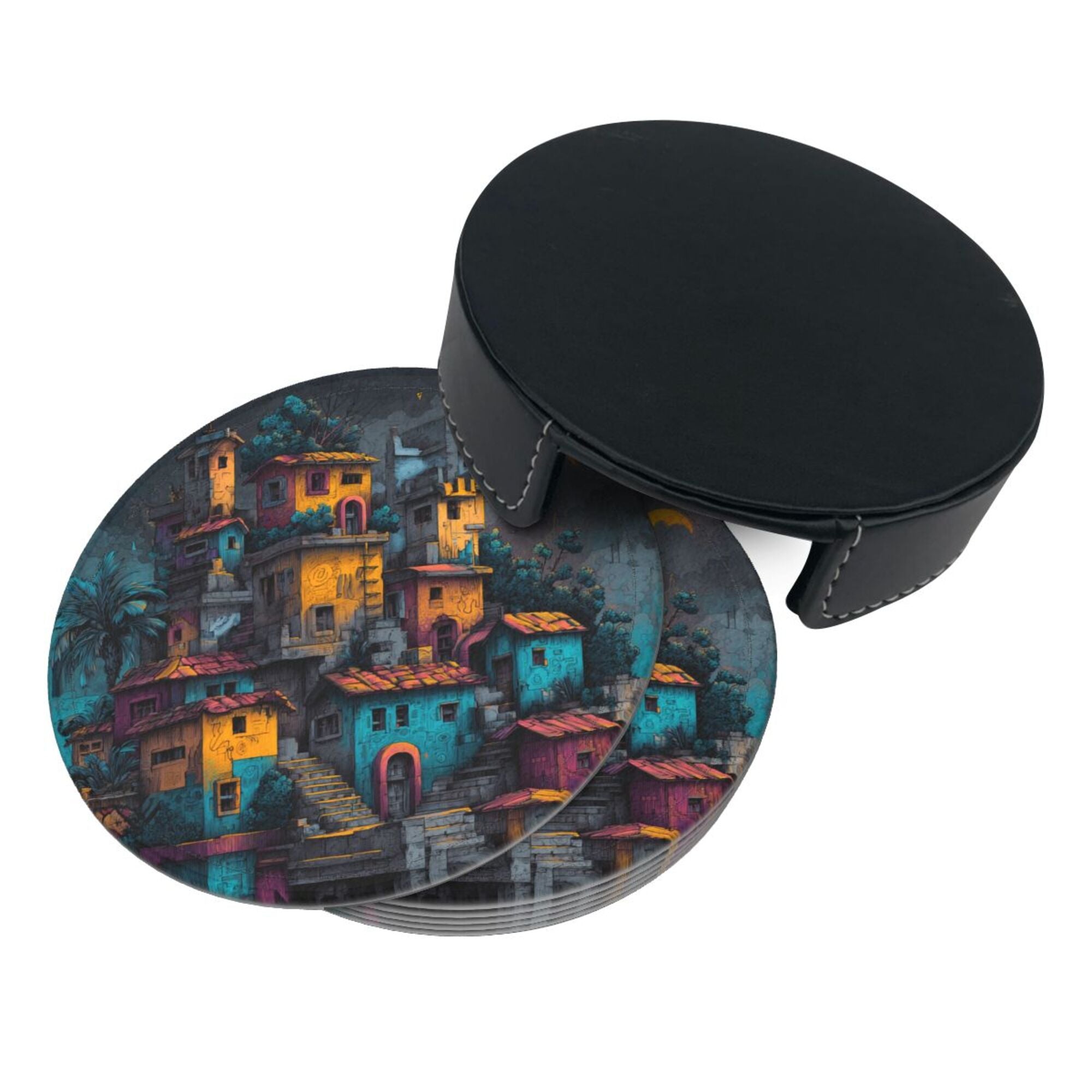 Round Leather Coaster Set of 6 with Artistic Town Pattern and Storage Base - Heat - Insulation and Anti - Slip Coasters (Diameter 3.9in/10cm)