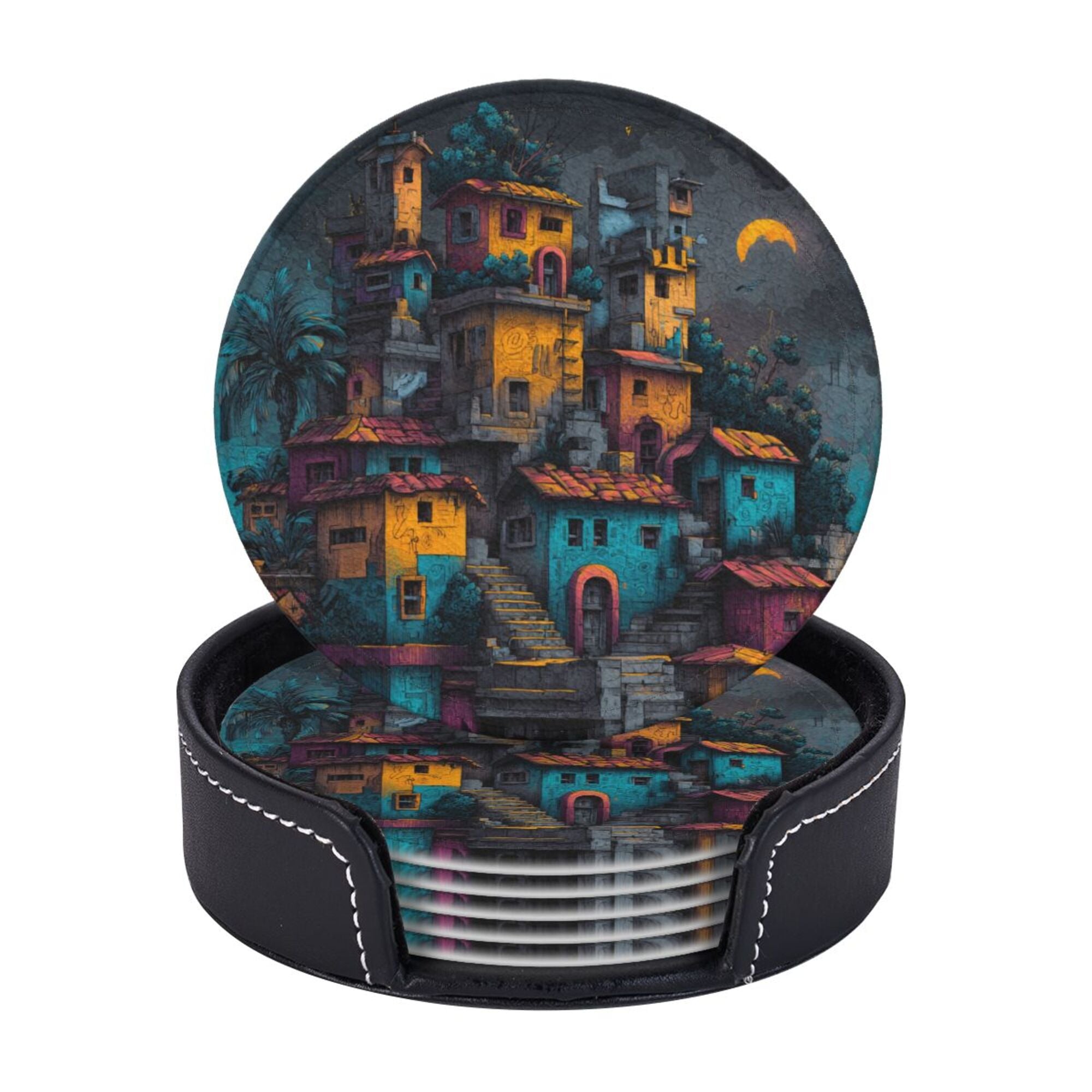 Round Leather Coaster Set of 6 with Artistic Town Pattern and Storage Base - Heat - Insulation and Anti - Slip Coasters (Diameter 3.9in/10cm)