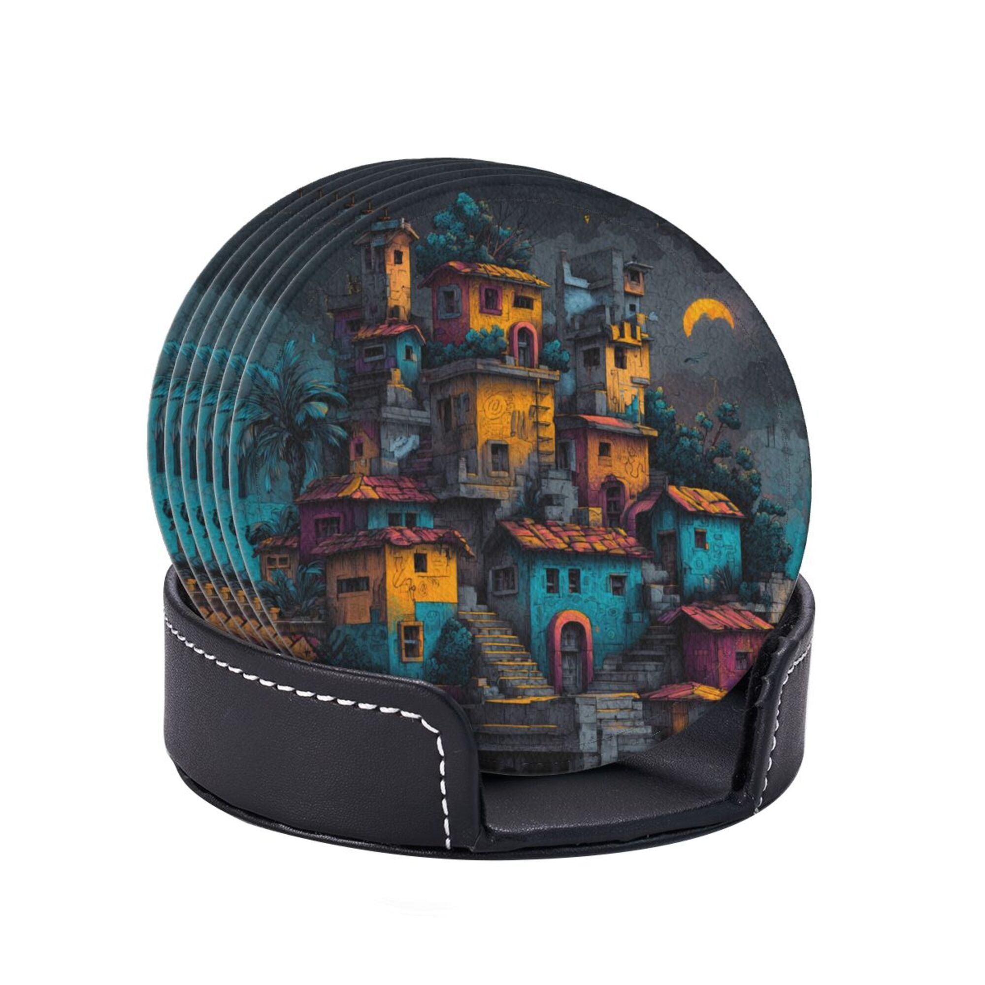 Round Leather Coaster Set of 6 with Artistic Town Pattern and Storage Base - Heat - Insulation and Anti - Slip Coasters (Diameter 3.9in/10cm)