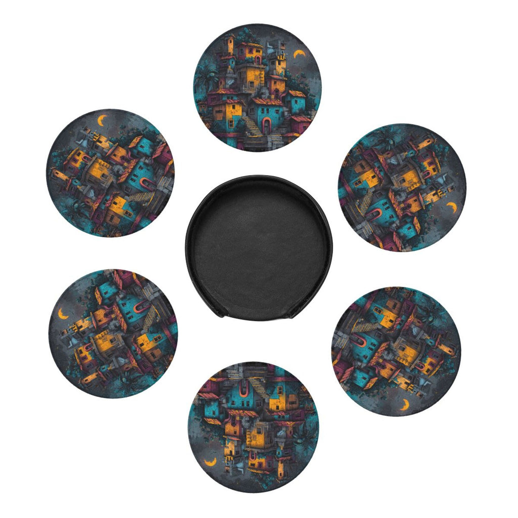 Round Leather Coaster Set of 6 with Artistic Town Pattern and Storage Base - Heat - Insulation and Anti - Slip Coasters (Diameter 3.9in/10cm)
