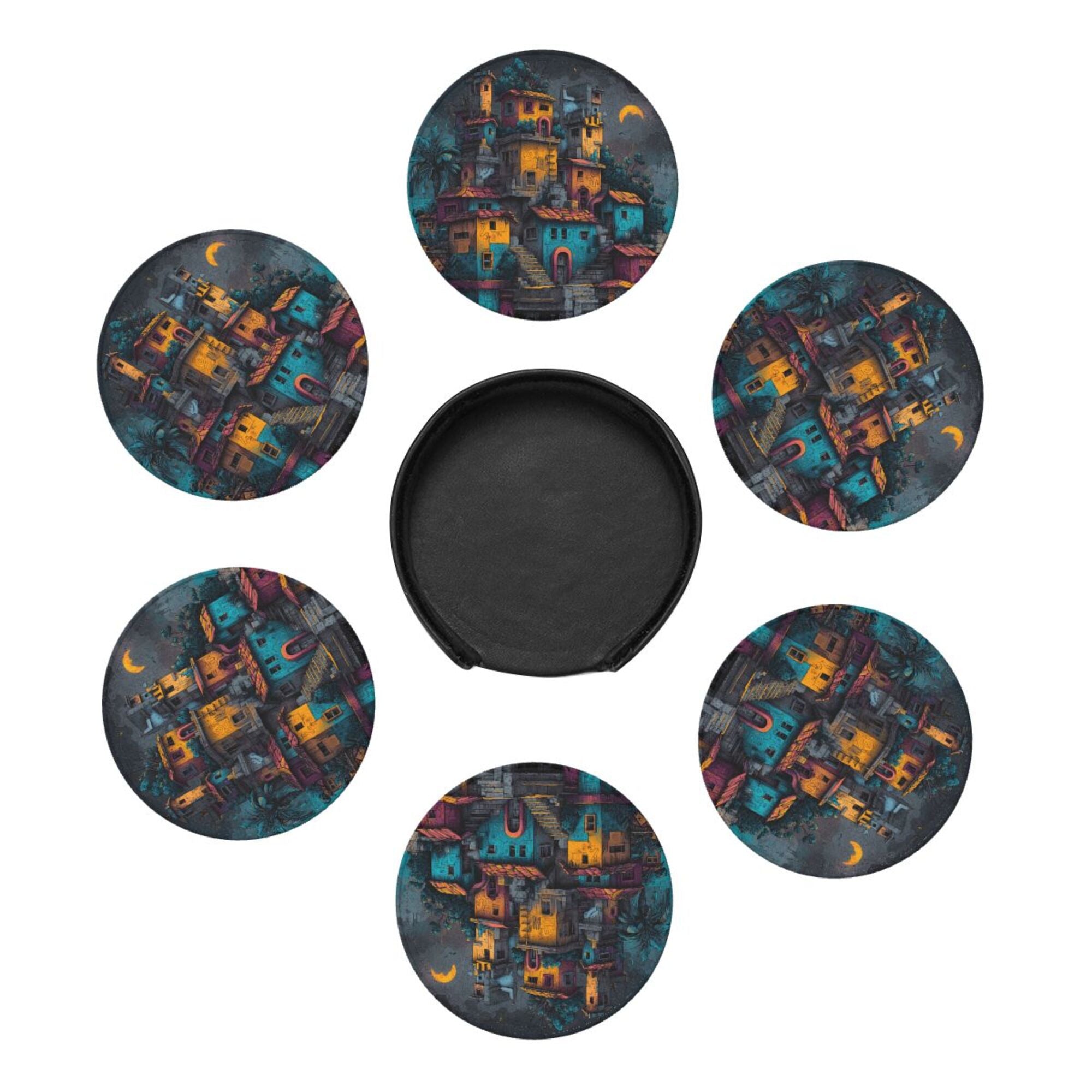 Round Leather Coaster Set of 6 with Artistic Town Pattern and Storage Base - Heat - Insulation and Anti - Slip Coasters (Diameter 3.9in/10cm)
