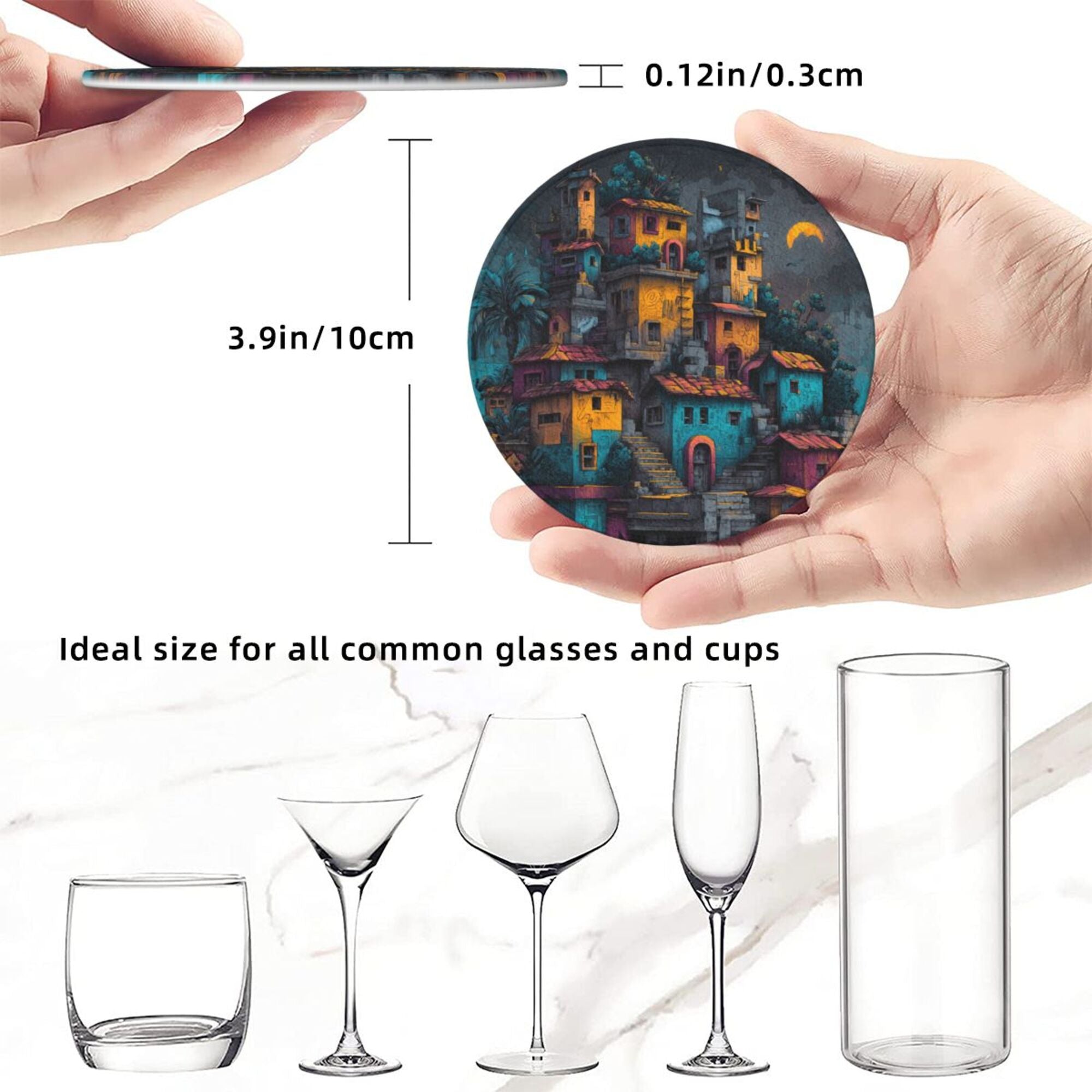 Round Leather Coaster Set of 6 with Artistic Town Pattern and Storage Base - Heat - Insulation and Anti - Slip Coasters (Diameter 3.9in/10cm)