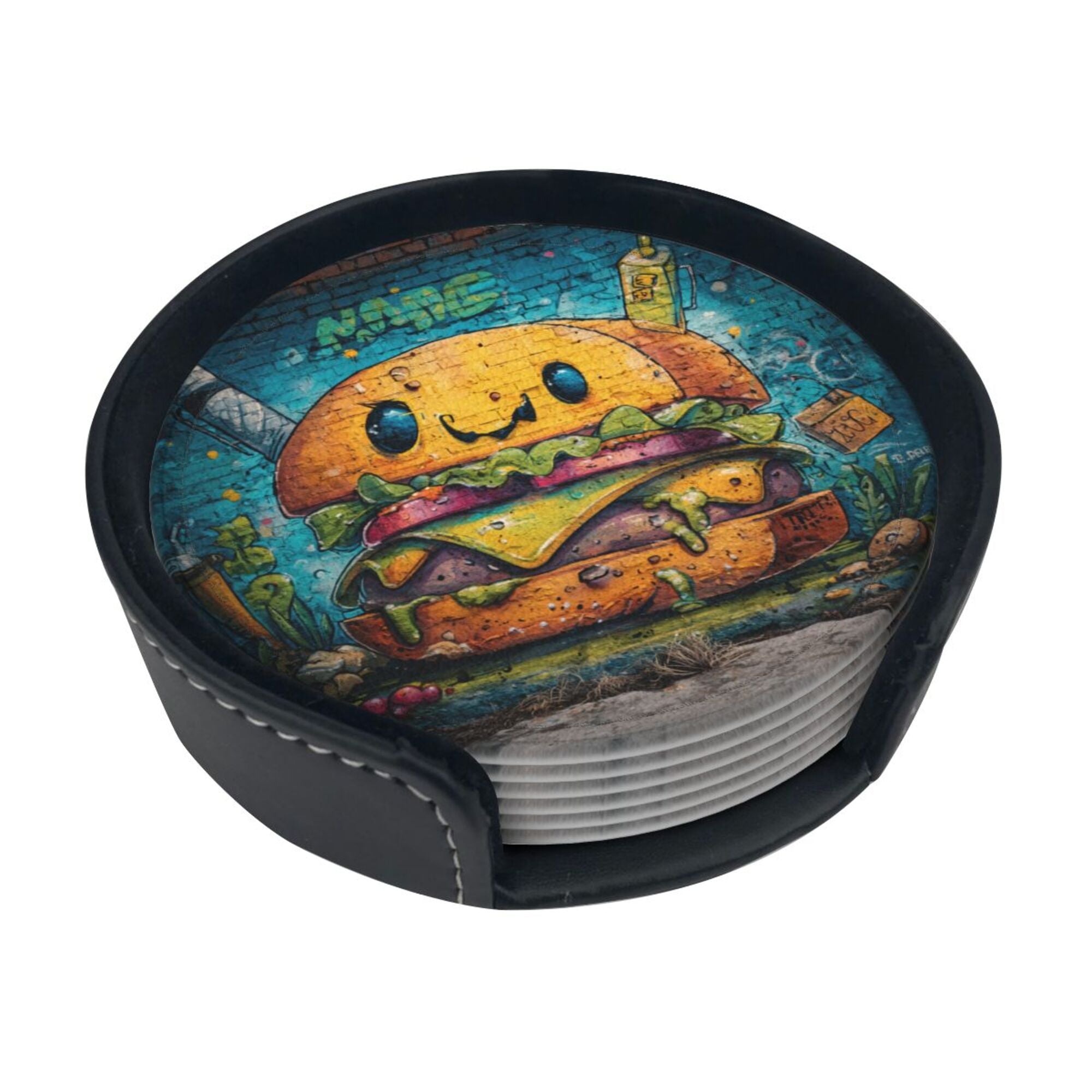 Round Leather Coaster Set of 6 with Fun Burger Pattern and Storage Base - Heat - Insulation and Anti - Slip Coasters (Diameter 3.9in/10cm)