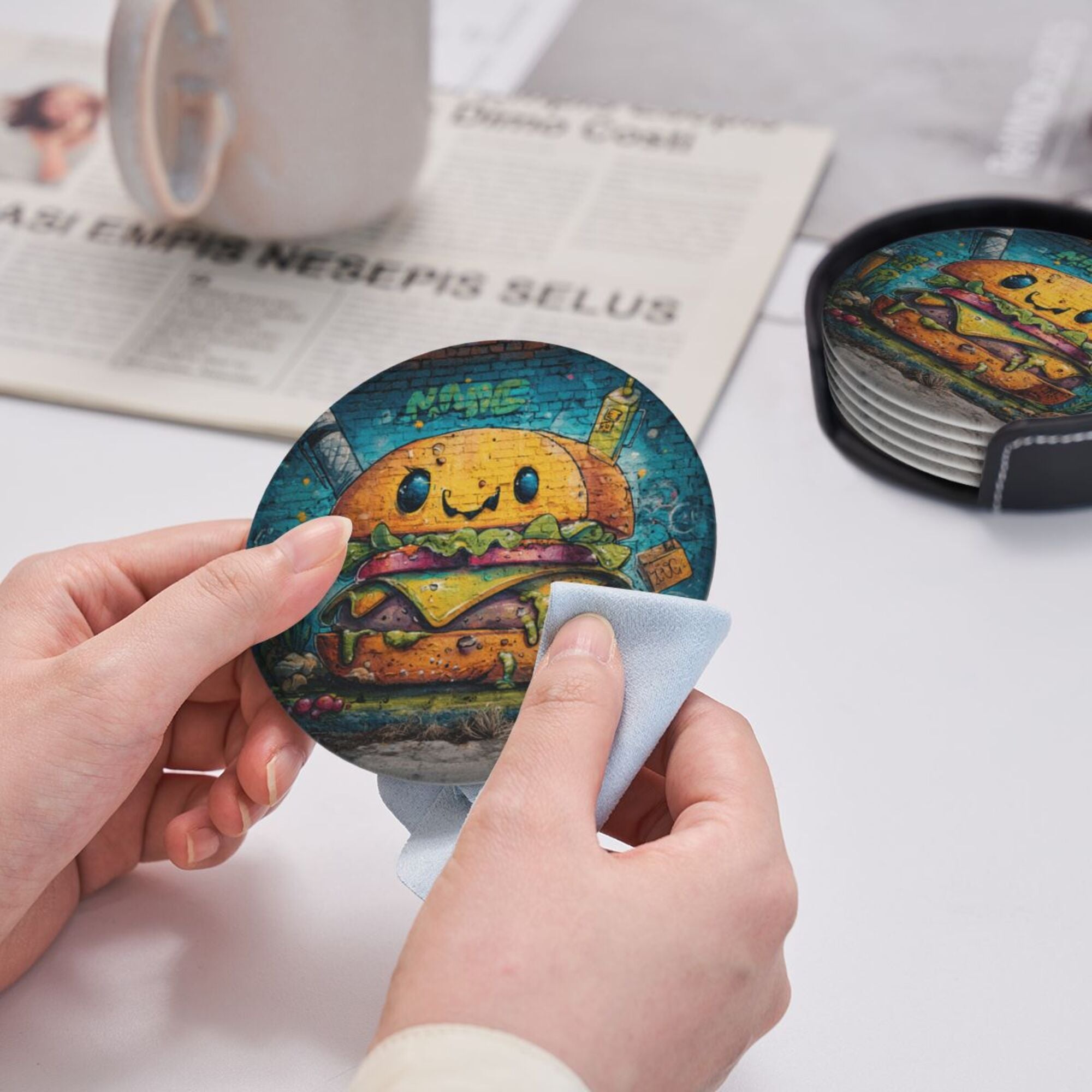 Round Leather Coaster Set of 6 with Fun Burger Pattern and Storage Base - Heat - Insulation and Anti - Slip Coasters (Diameter 3.9in/10cm)