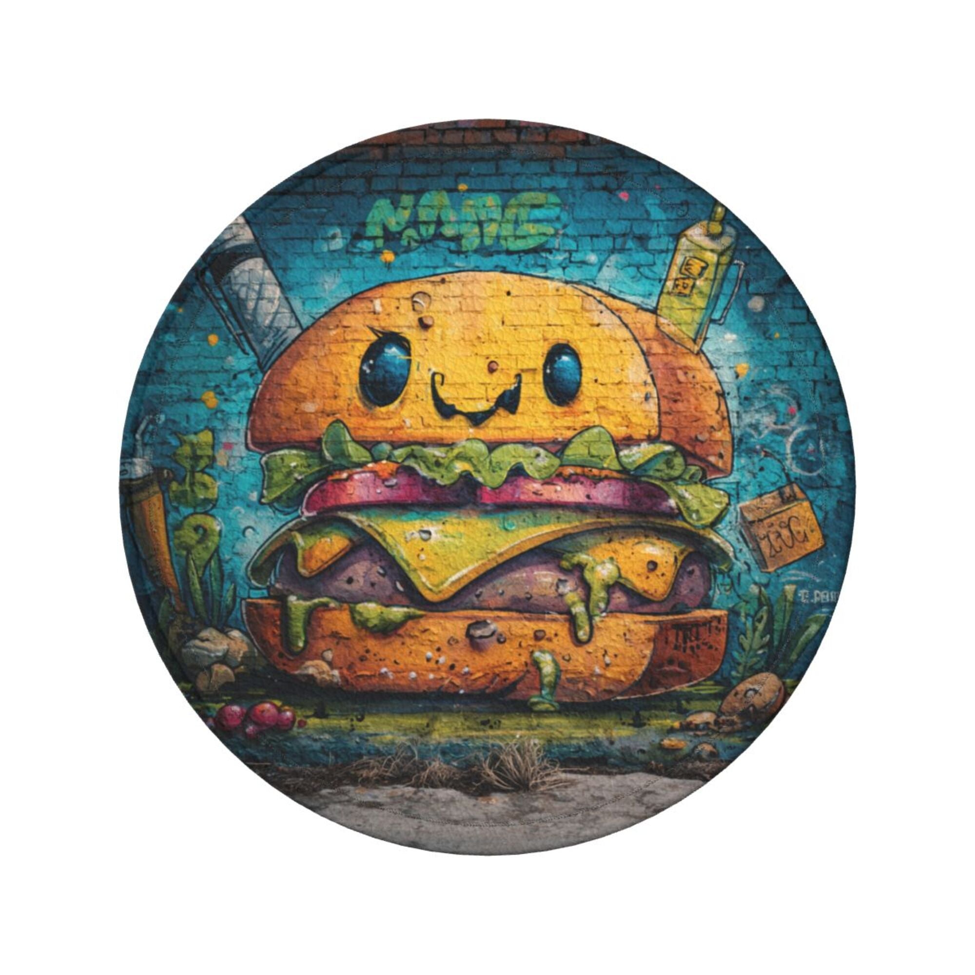 Round Leather Coaster Set of 6 with Fun Burger Pattern and Storage Base - Heat - Insulation and Anti - Slip Coasters (Diameter 3.9in/10cm)