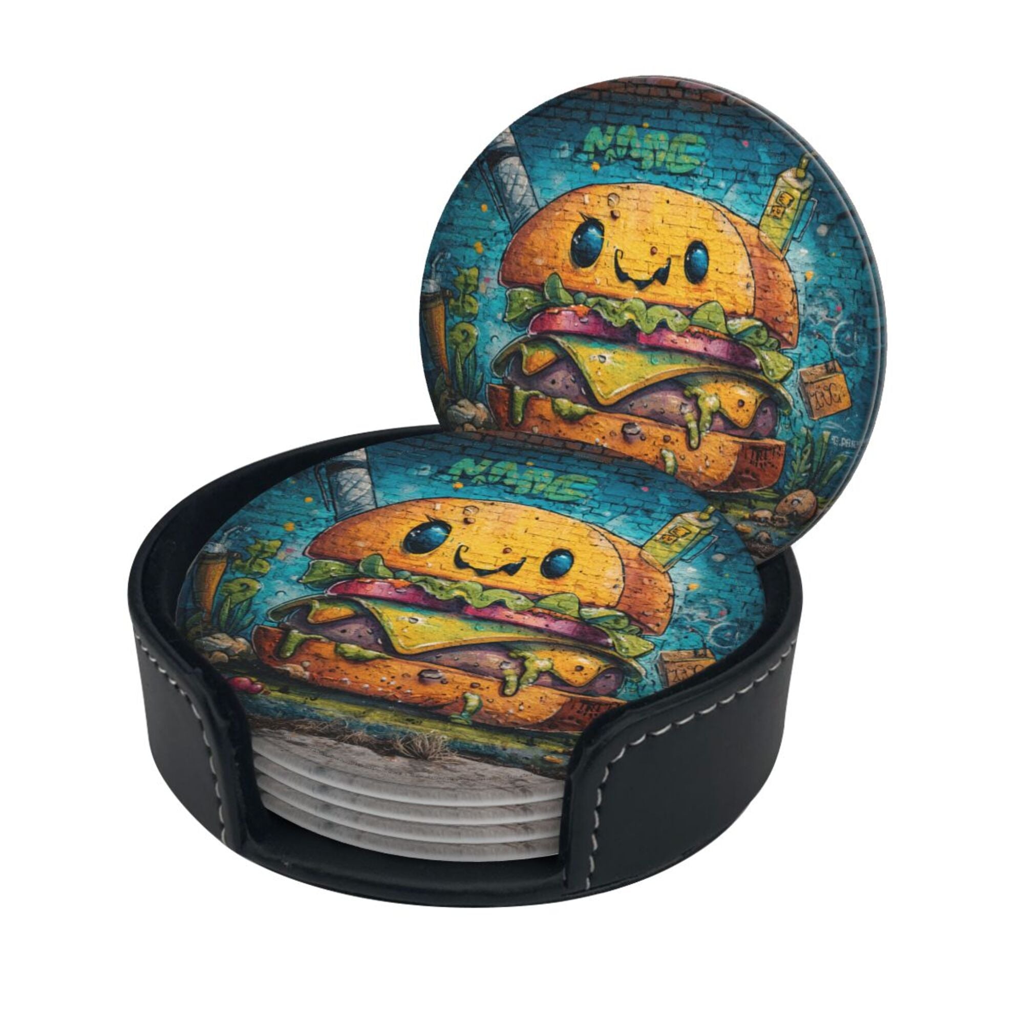 Round Leather Coaster Set of 6 with Fun Burger Pattern and Storage Base - Heat - Insulation and Anti - Slip Coasters (Diameter 3.9in/10cm)