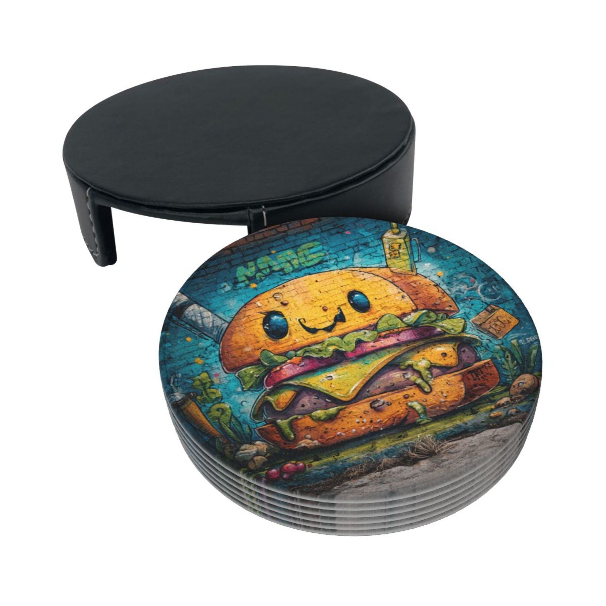 Round Leather Coaster Set of 6 with Fun Burger Pattern and Storage Base - Heat - Insulation and Anti - Slip Coasters (Diameter 3.9in/10cm)