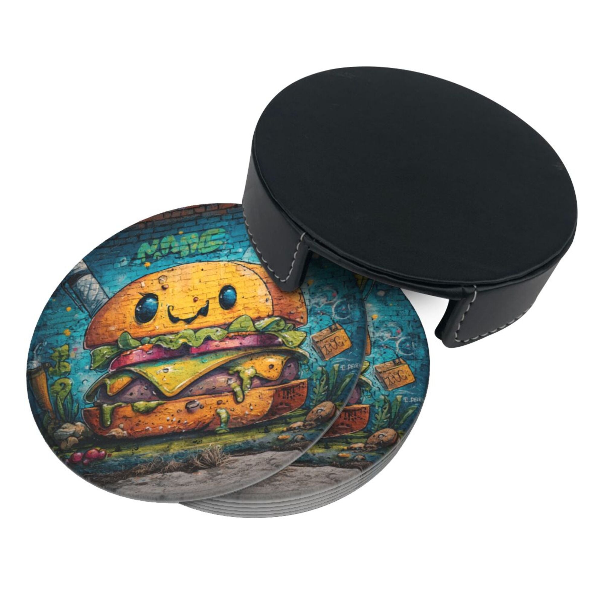 Round Leather Coaster Set of 6 with Fun Burger Pattern and Storage Base - Heat - Insulation and Anti - Slip Coasters (Diameter 3.9in/10cm)