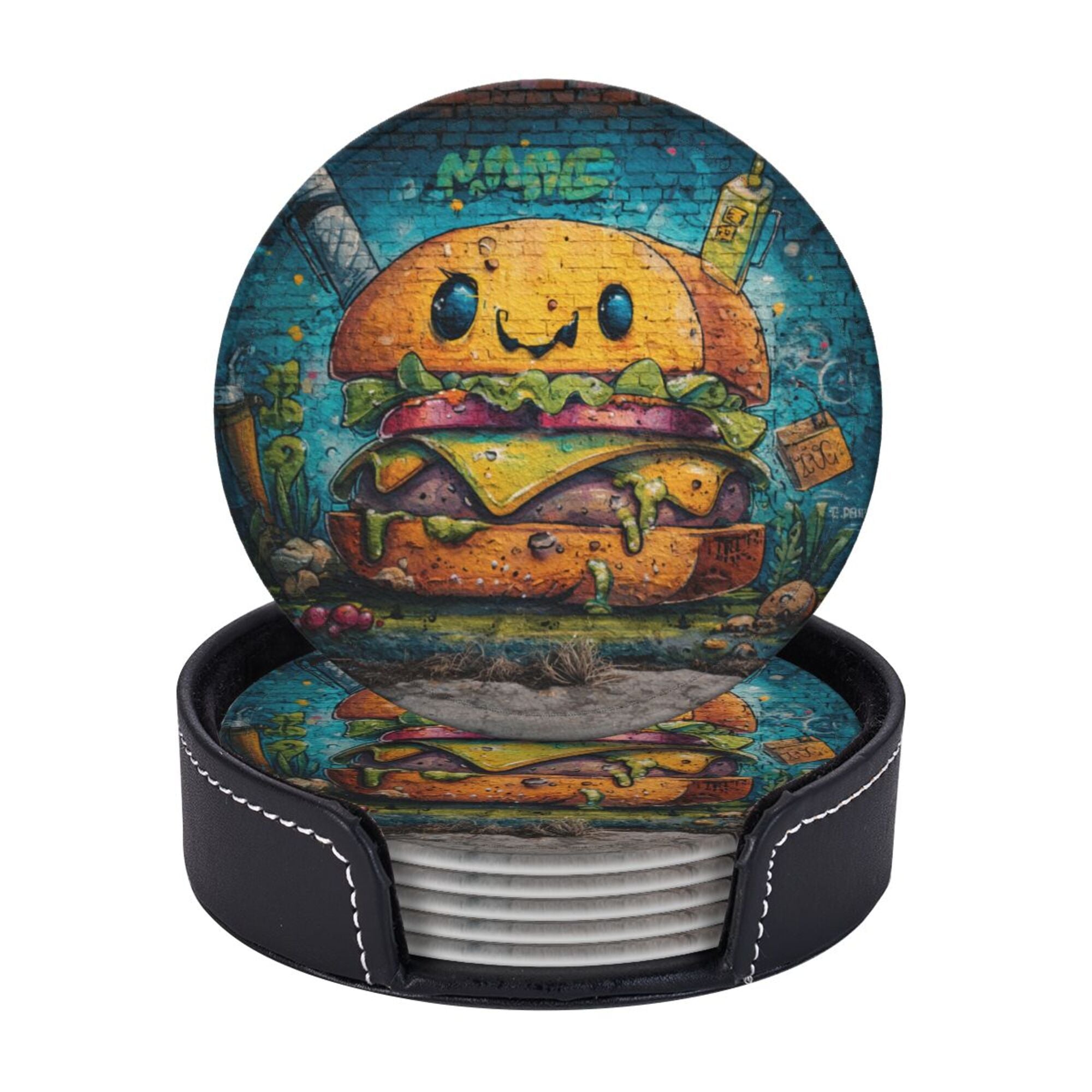 Round Leather Coaster Set of 6 with Fun Burger Pattern and Storage Base - Heat - Insulation and Anti - Slip Coasters (Diameter 3.9in/10cm)