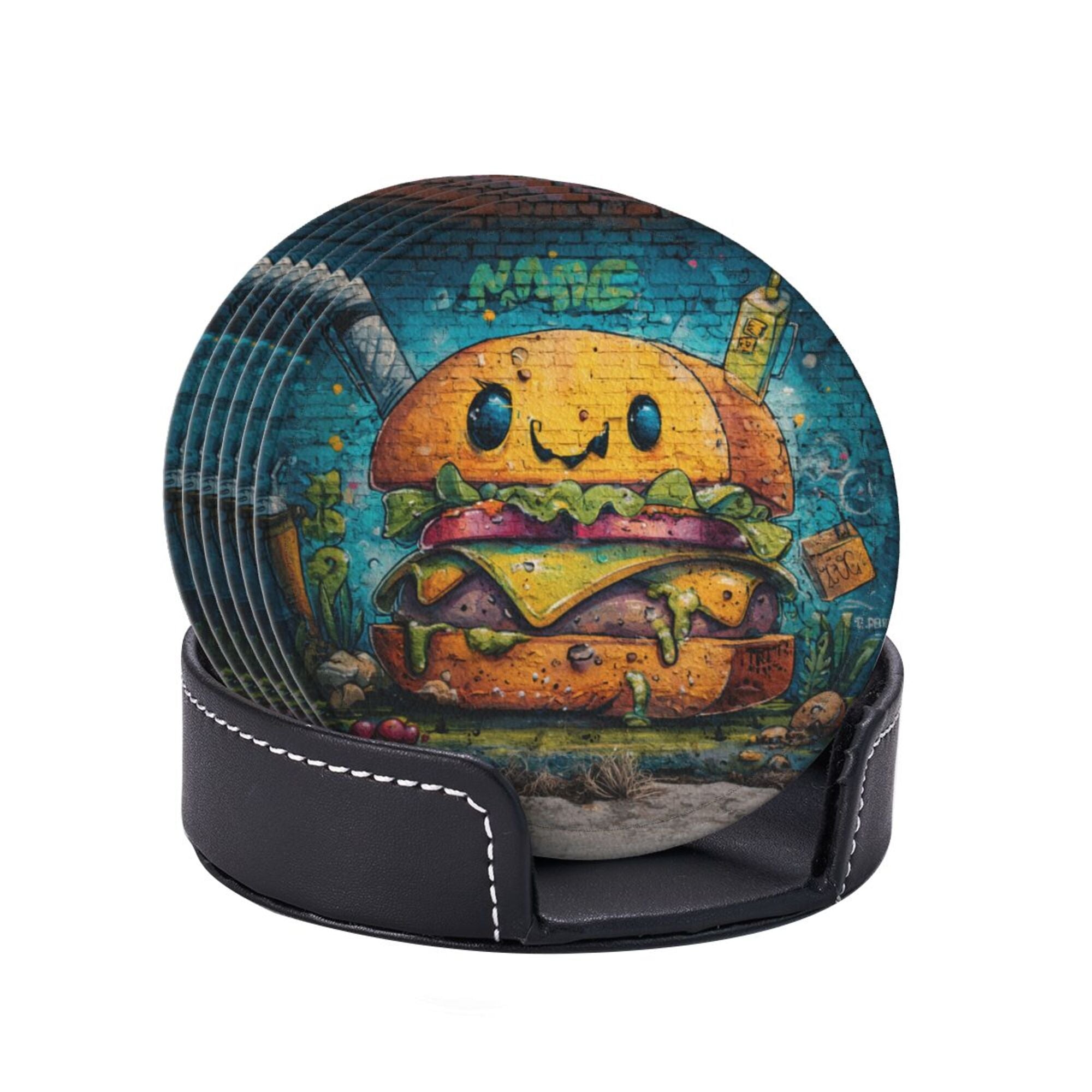 Round Leather Coaster Set of 6 with Fun Burger Pattern and Storage Base - Heat - Insulation and Anti - Slip Coasters (Diameter 3.9in/10cm)