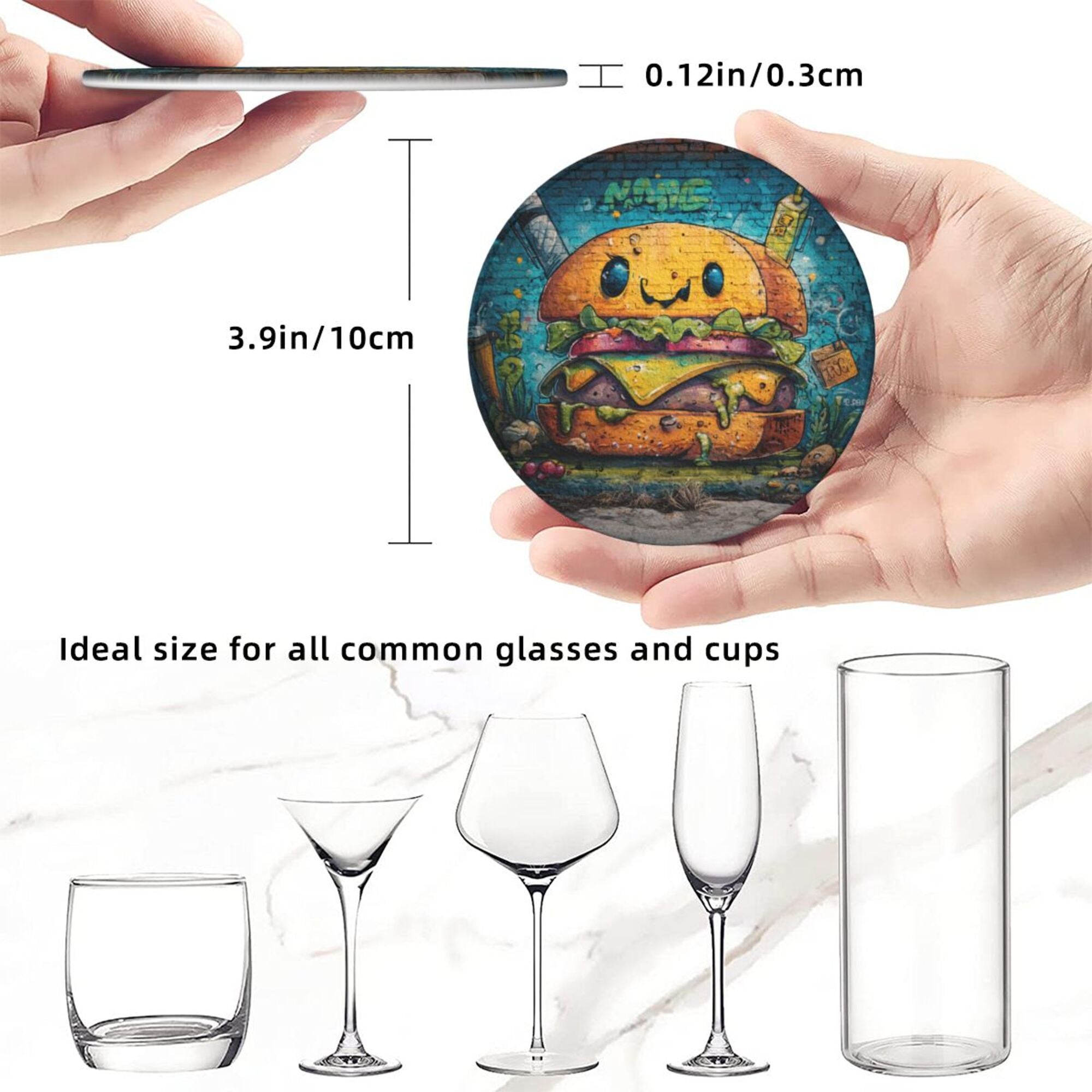 Round Leather Coaster Set of 6 with Fun Burger Pattern and Storage Base - Heat - Insulation and Anti - Slip Coasters (Diameter 3.9in/10cm)