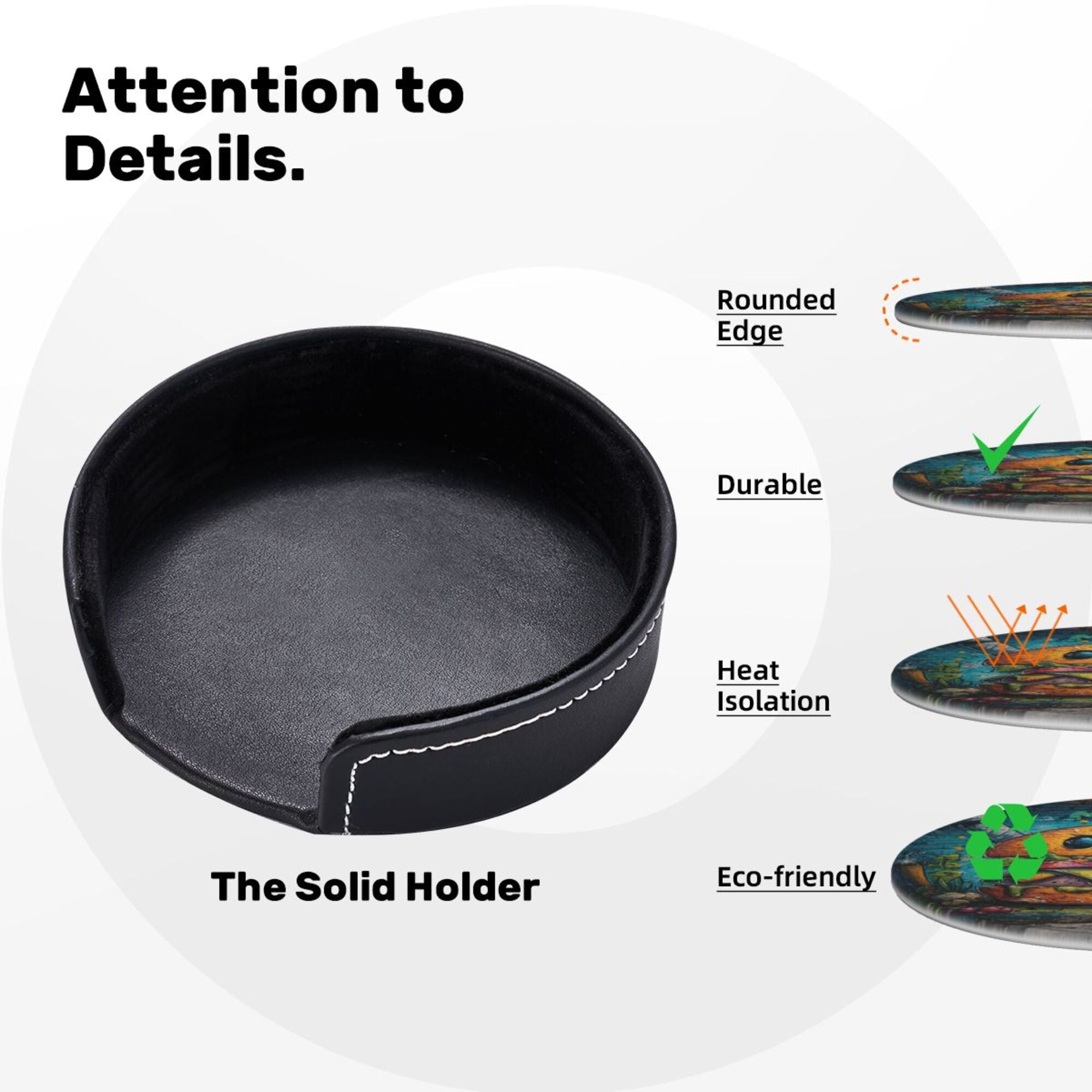 Round Leather Coaster Set of 6 with Fun Burger Pattern and Storage Base - Heat - Insulation and Anti - Slip Coasters (Diameter 3.9in/10cm)
