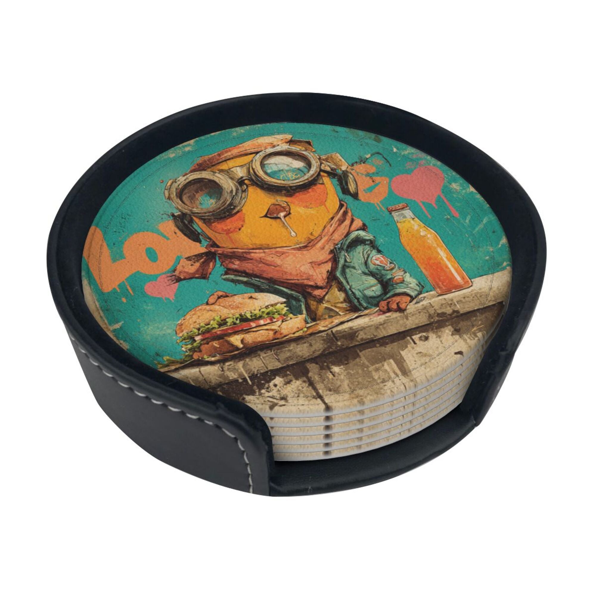 Round Leather Coaster Set of 6 with Fun Cartoon Character - Includes Storage Base, Heat - Insulation and Anti - Slip Coasters (Diameter 3.9in/10cm)