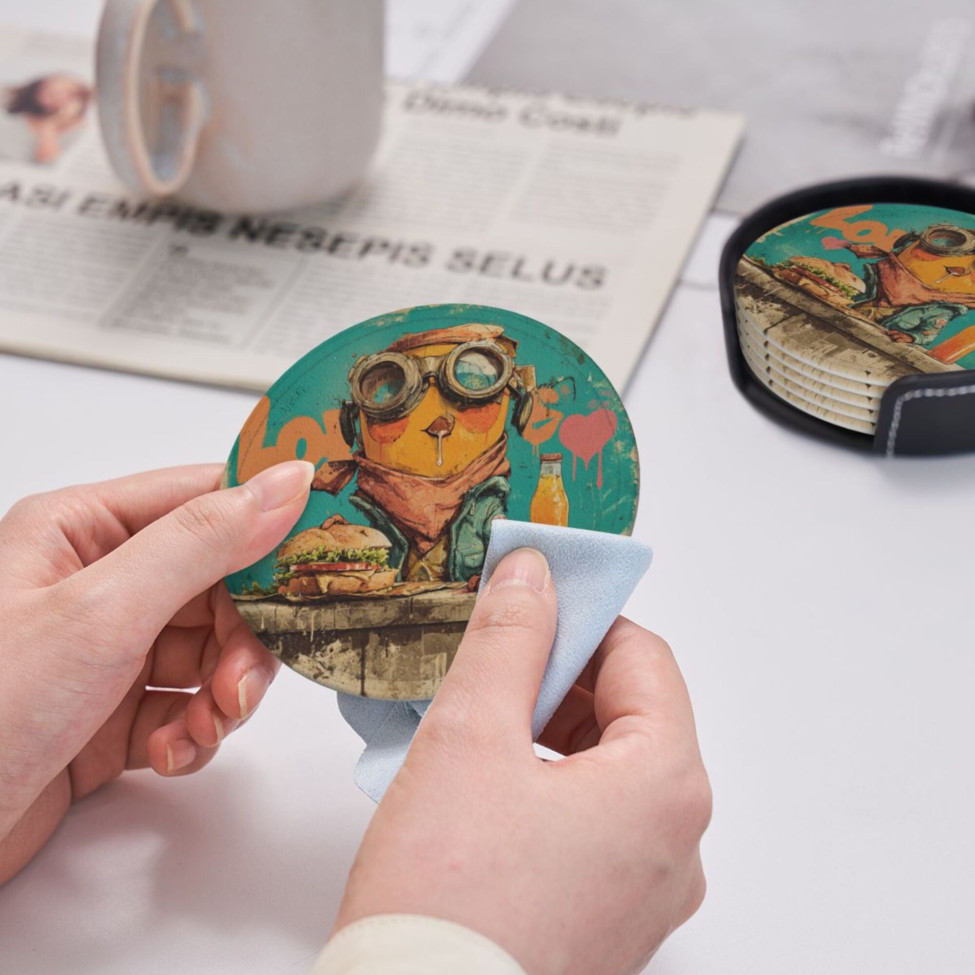 Round Leather Coaster Set of 6 with Fun Cartoon Character - Includes Storage Base, Heat - Insulation and Anti - Slip Coasters (Diameter 3.9in/10cm)