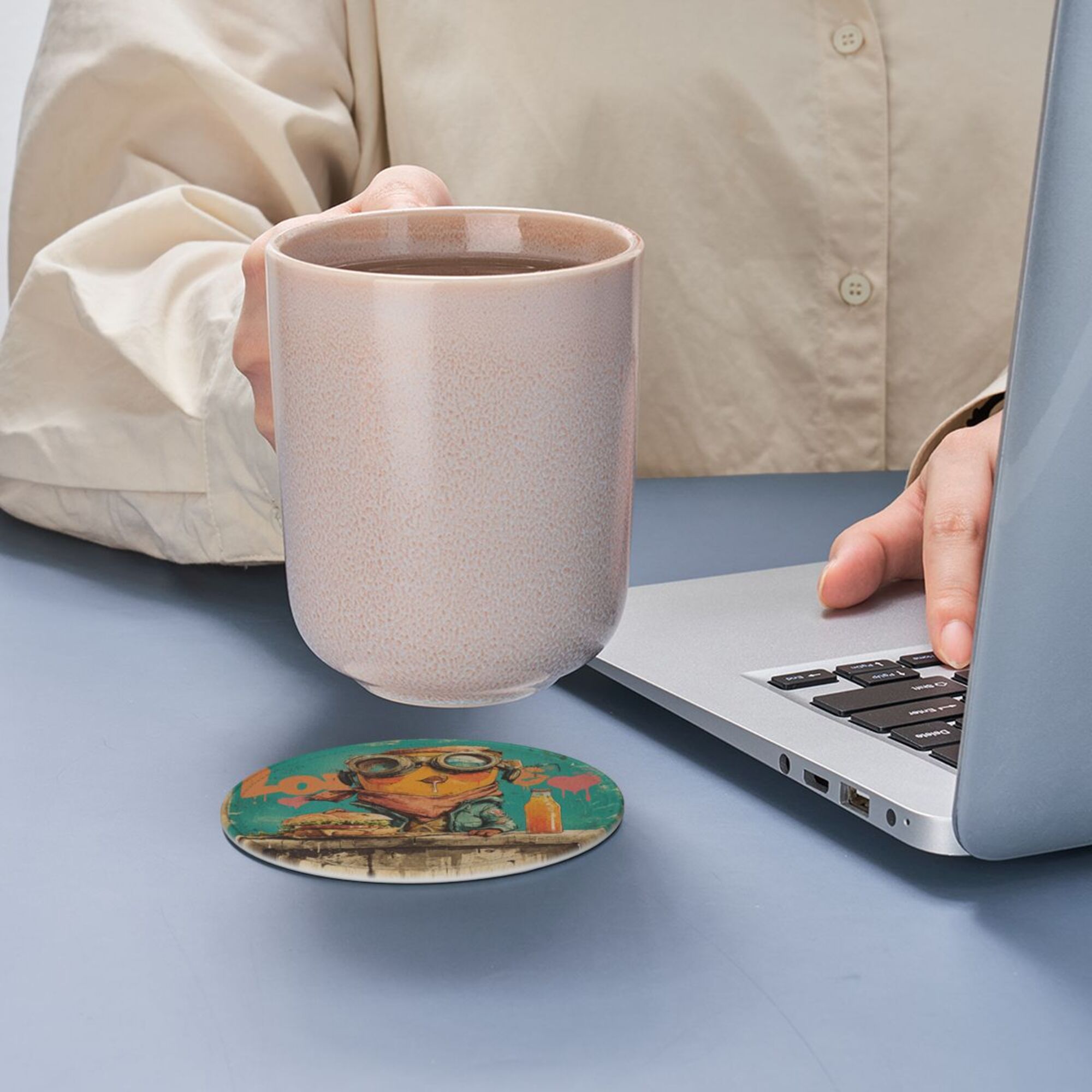 Round Leather Coaster Set of 6 with Fun Cartoon Character - Includes Storage Base, Heat - Insulation and Anti - Slip Coasters (Diameter 3.9in/10cm)